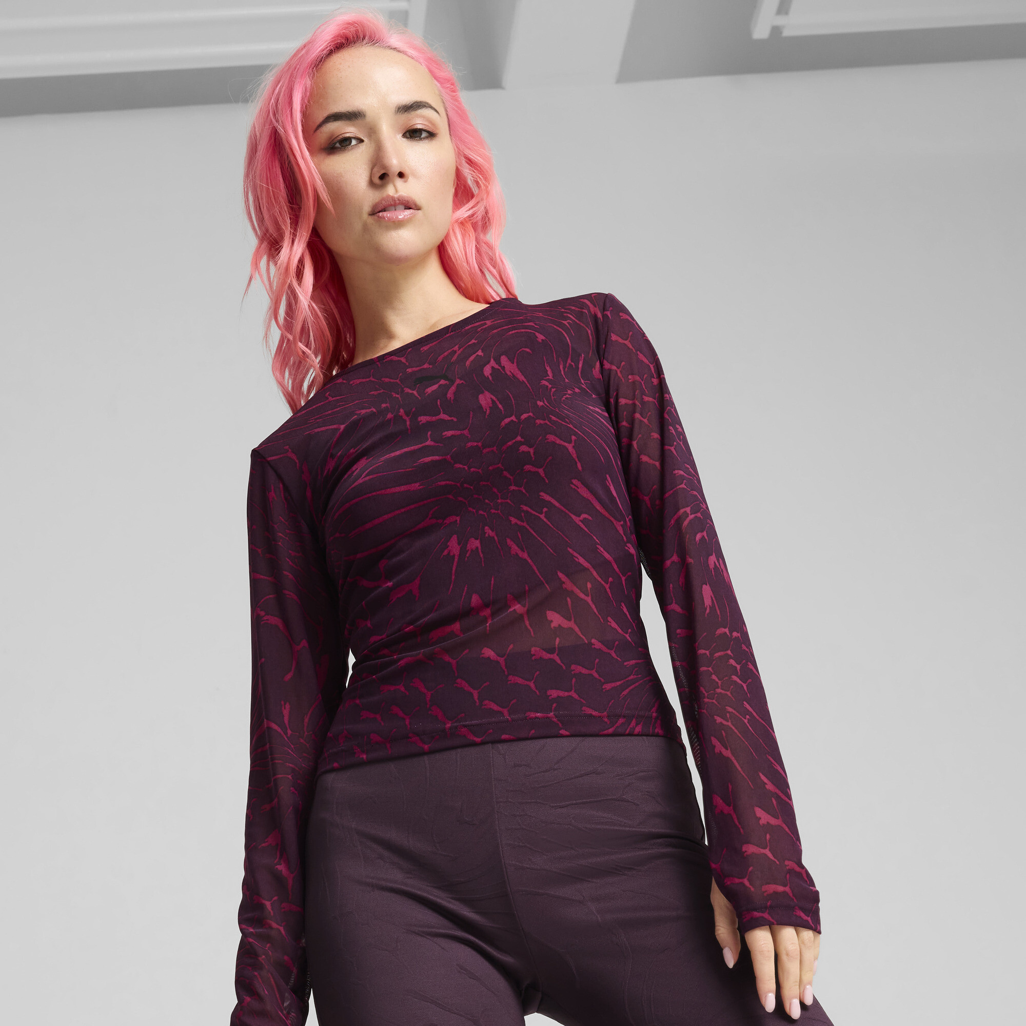 Puma DARE TO Mesh Langarm-Shirt Damen | Mit Other Pattern | Midnight Plum/Aop | Größe: L