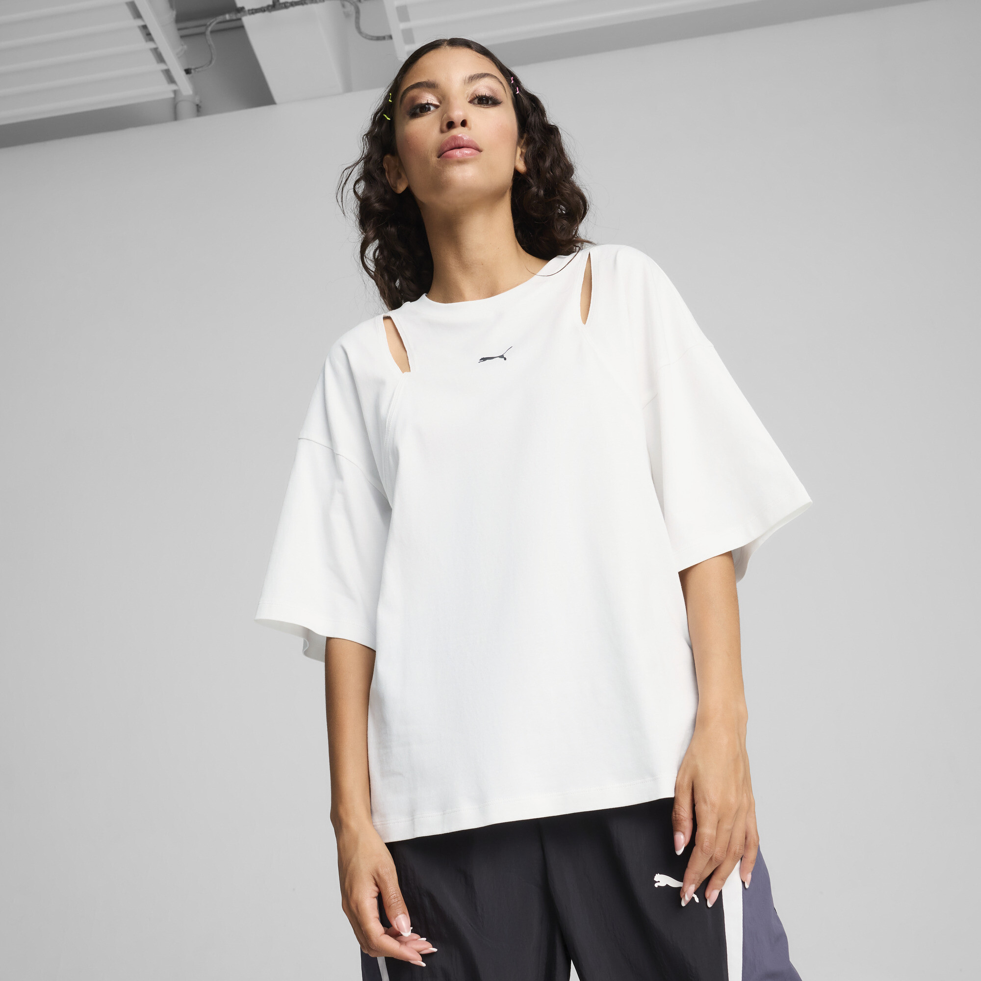 Women's Puma DARE TO Oversized Cut-out T-Shirt, White, Size XL, Clothing