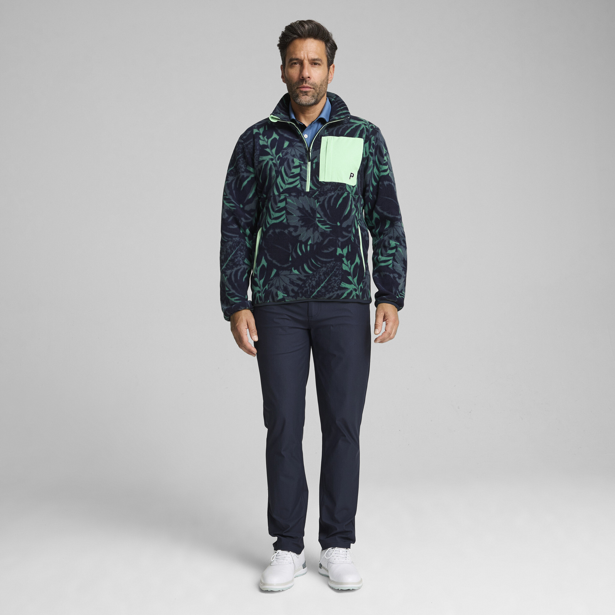 PUMA x PALM TREE CREW top van palmfleece met halve rits voor Heren, Blauw/Groen, Maat XXL