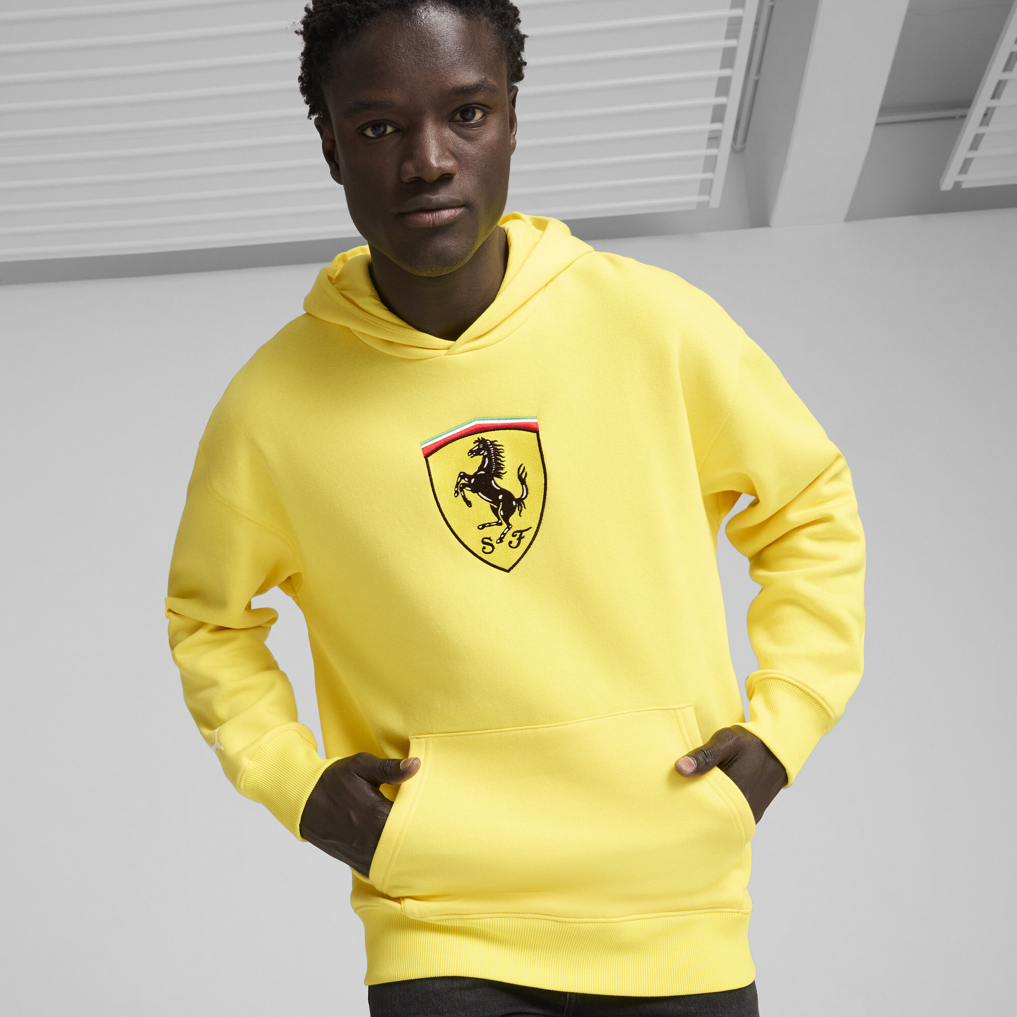 Men's Puma Scuderia Ferrari Race Big Shield Hoodie, Yellow, Size L, Sports