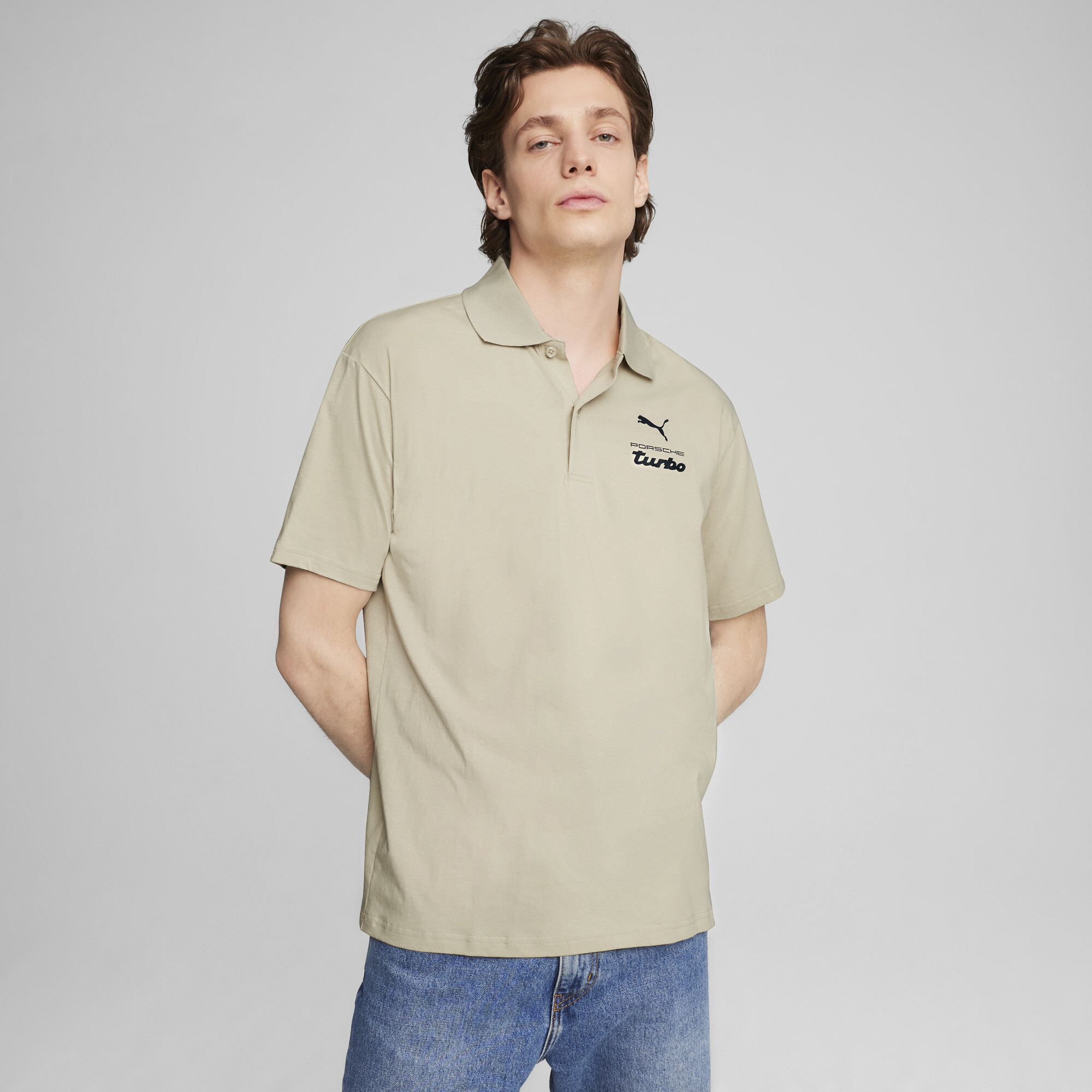 PUMA Porsche Legacy Motorsport Essentials Men's Polo Shirt in Beige, Size L