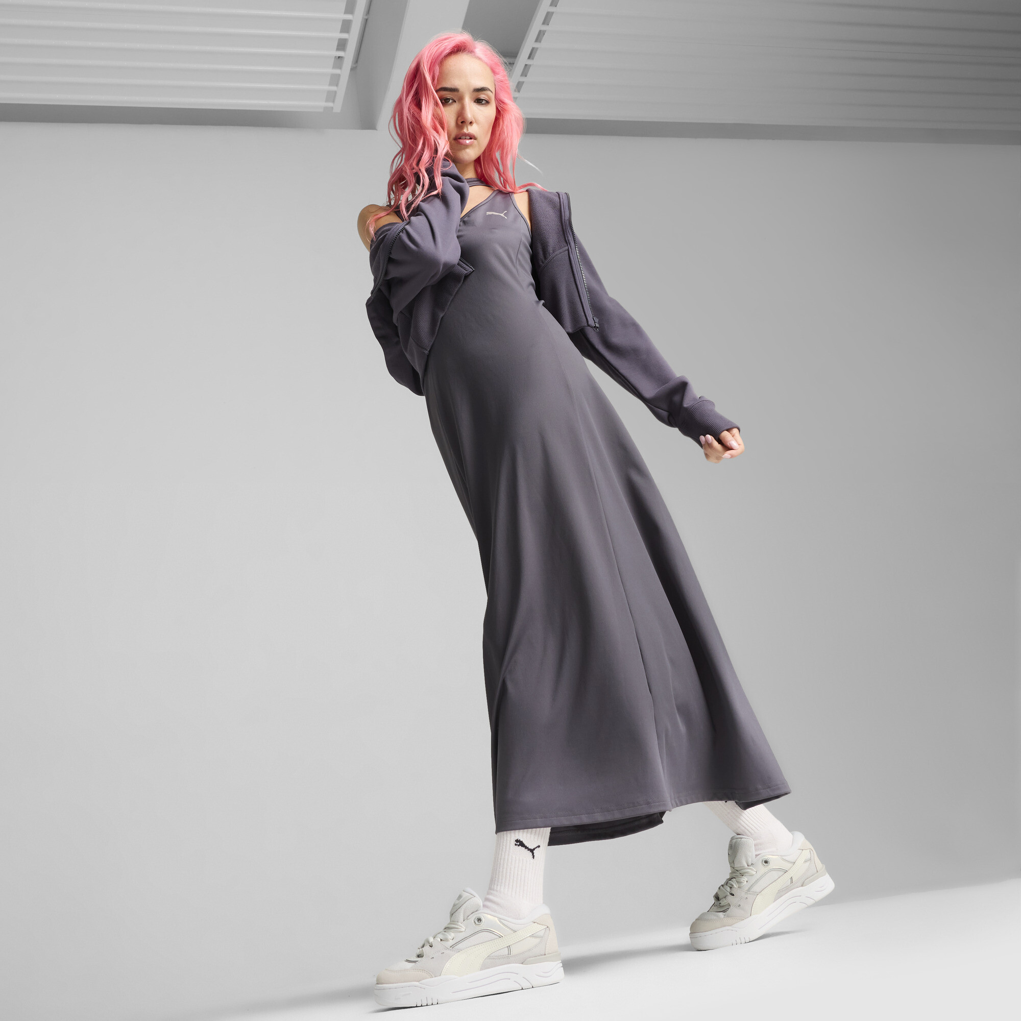 Puma DARE TO Maxikleid Damen | Mit Plain | Galactic Gray | Größe: S