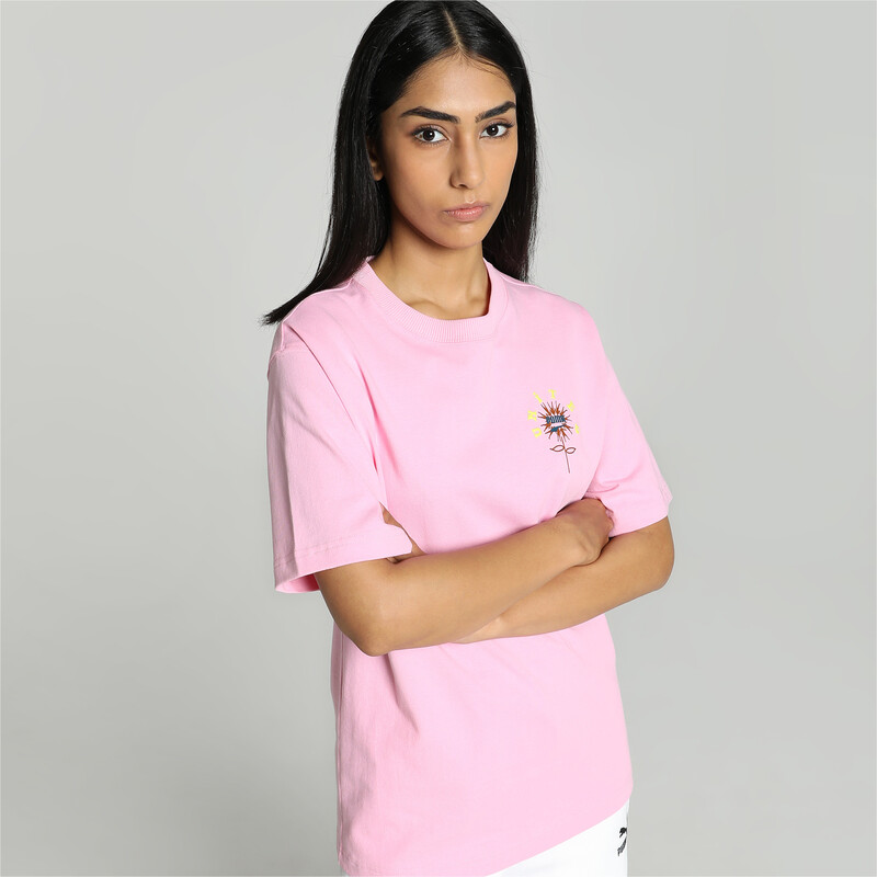 Women's PUMA DOWNTOWN Relaxed Fit Graphic T-shirt in Pink size L