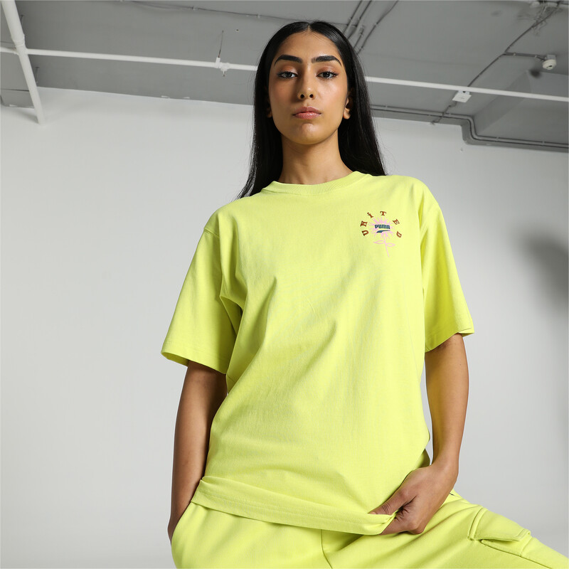 Women's PUMA DOWNTOWN Relaxed Fit Graphic T-shirt in Yellow size L