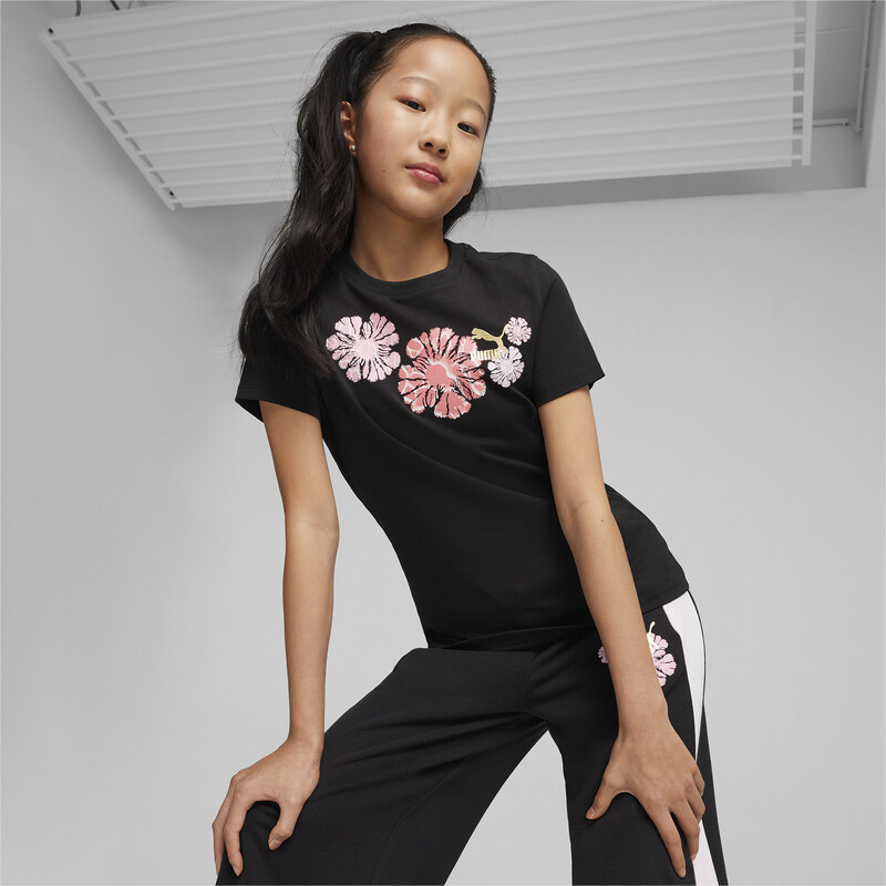 PUMA CLASSICS SNFLR Girl's Logo T-shirt in Black size 9-10Y