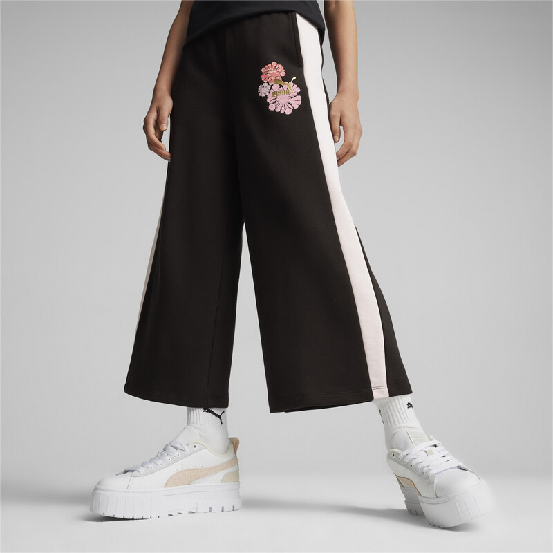 PUMA T7 Floral Print Girl's Relaxed Fit 7/8 Sweatpants in Black size 9-10Y