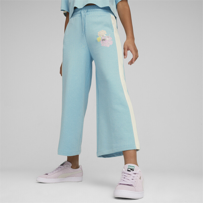 PUMA T7 Floral Print Girl's Relaxed Fit 7/8 Sweatpants in Blue size 9-10Y