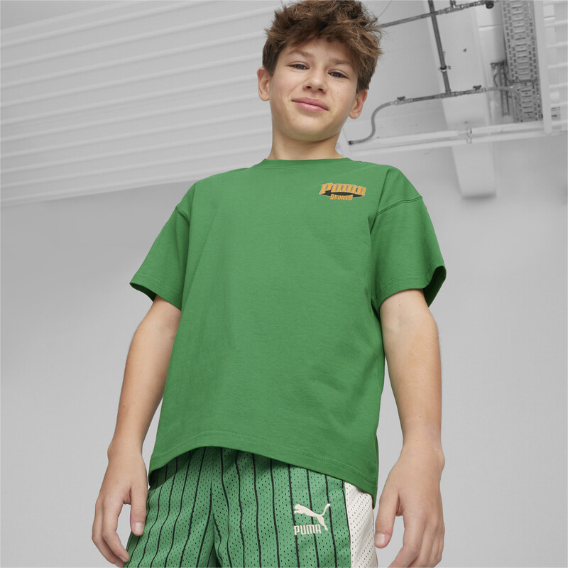 PUMA FOR THE FANBASE Youth Graphic Relaxed Fit T-shirt in Gray/Green size 11-12Y
