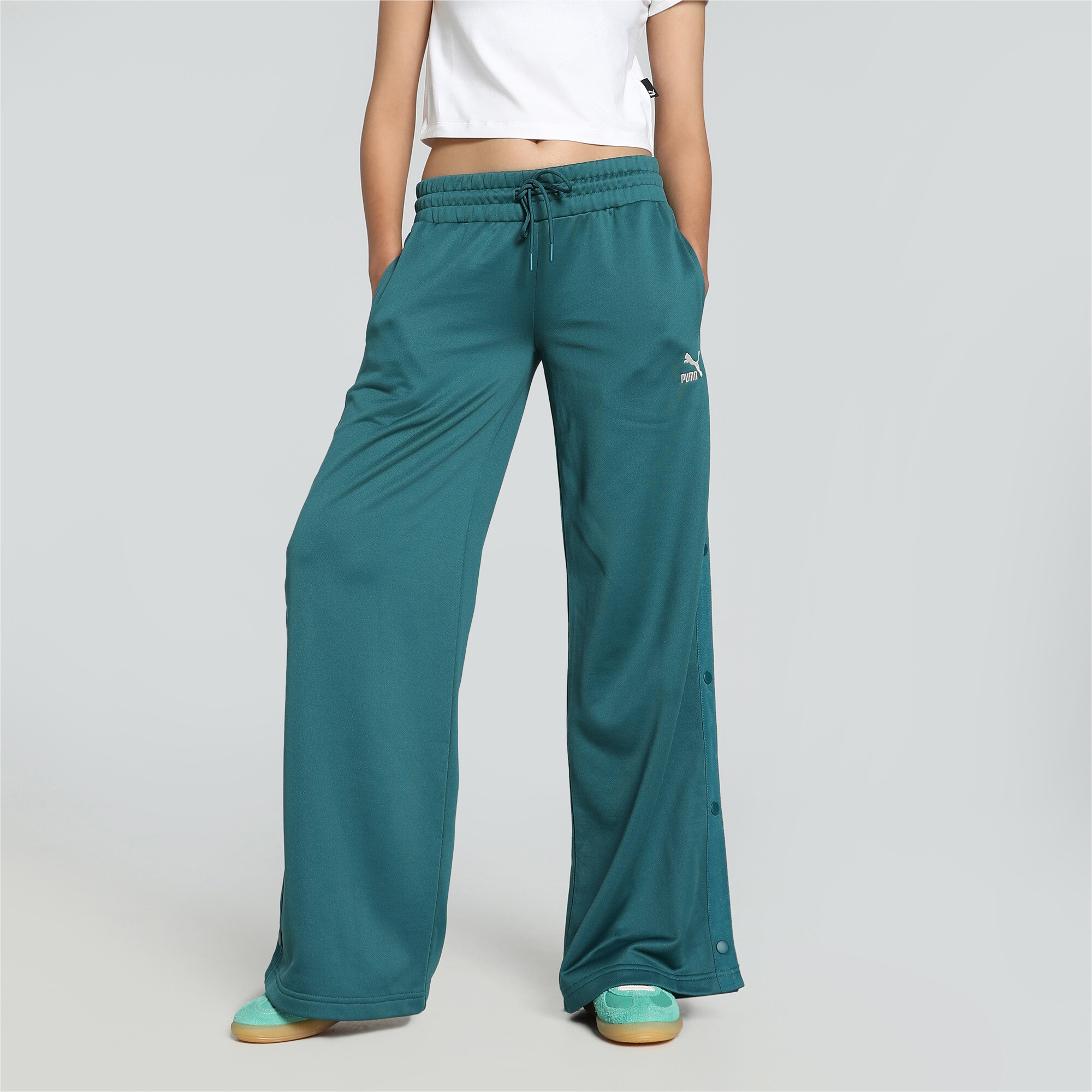 Women's Puma CLASSICS Popper Pants, Green, Size XL, Clothing