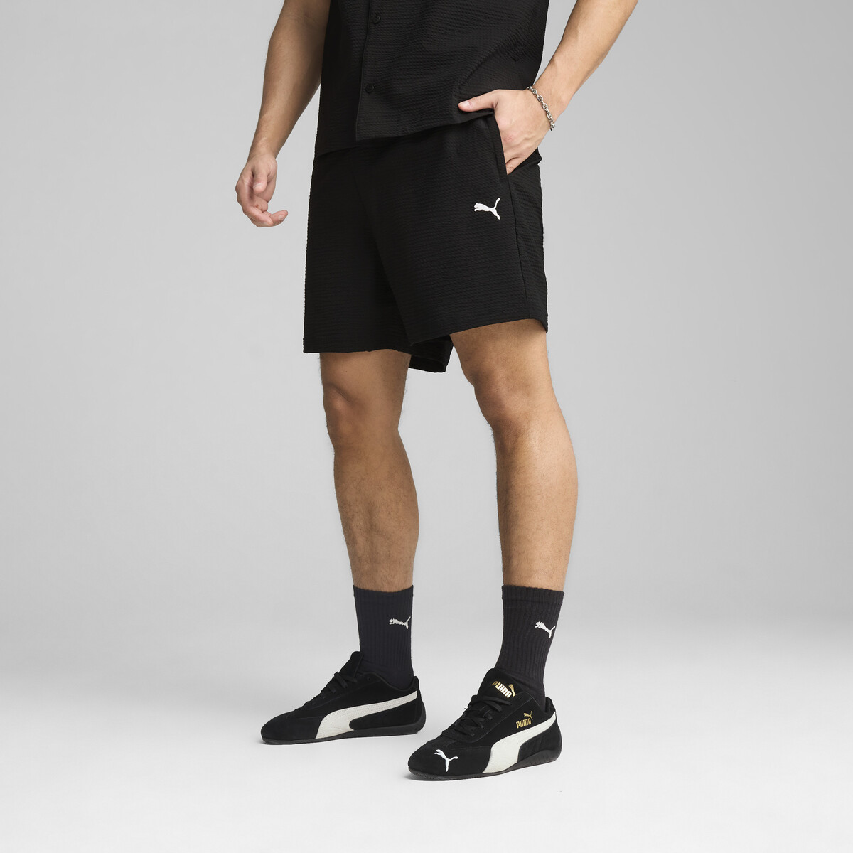 Wardrobe Essentials Seersucker Relaxed Shorts 6-inch Men in Black by PUMA, Small