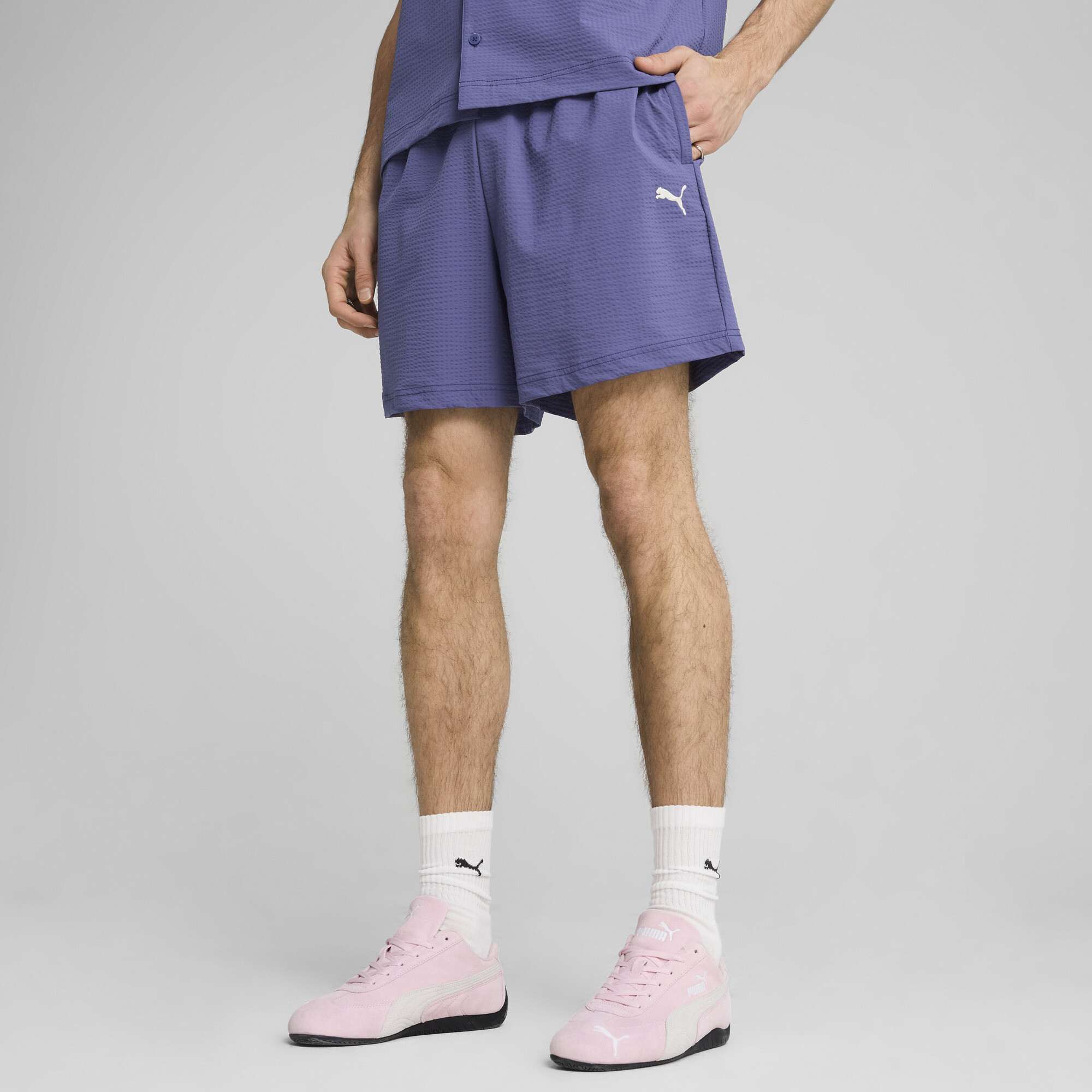 Puma Wardrobe Essentials Men's Seersucker Relaxed 6" Shorts In Blue