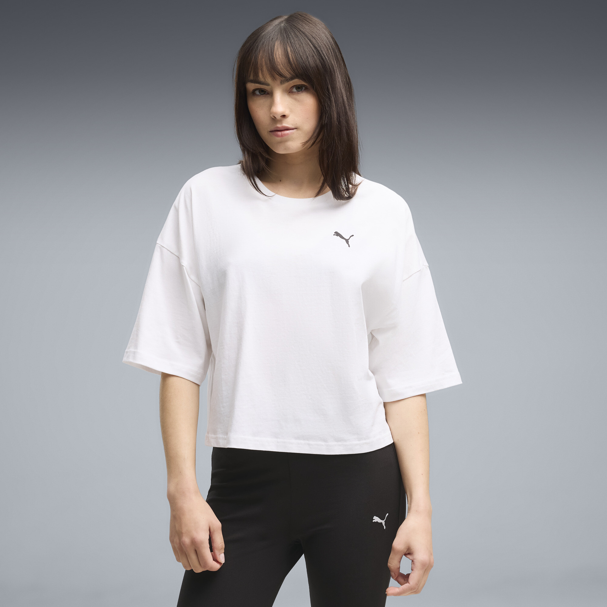 PUMA Wardrobe Essentials Women's Oversized Short T-Shirt in White, Size XS