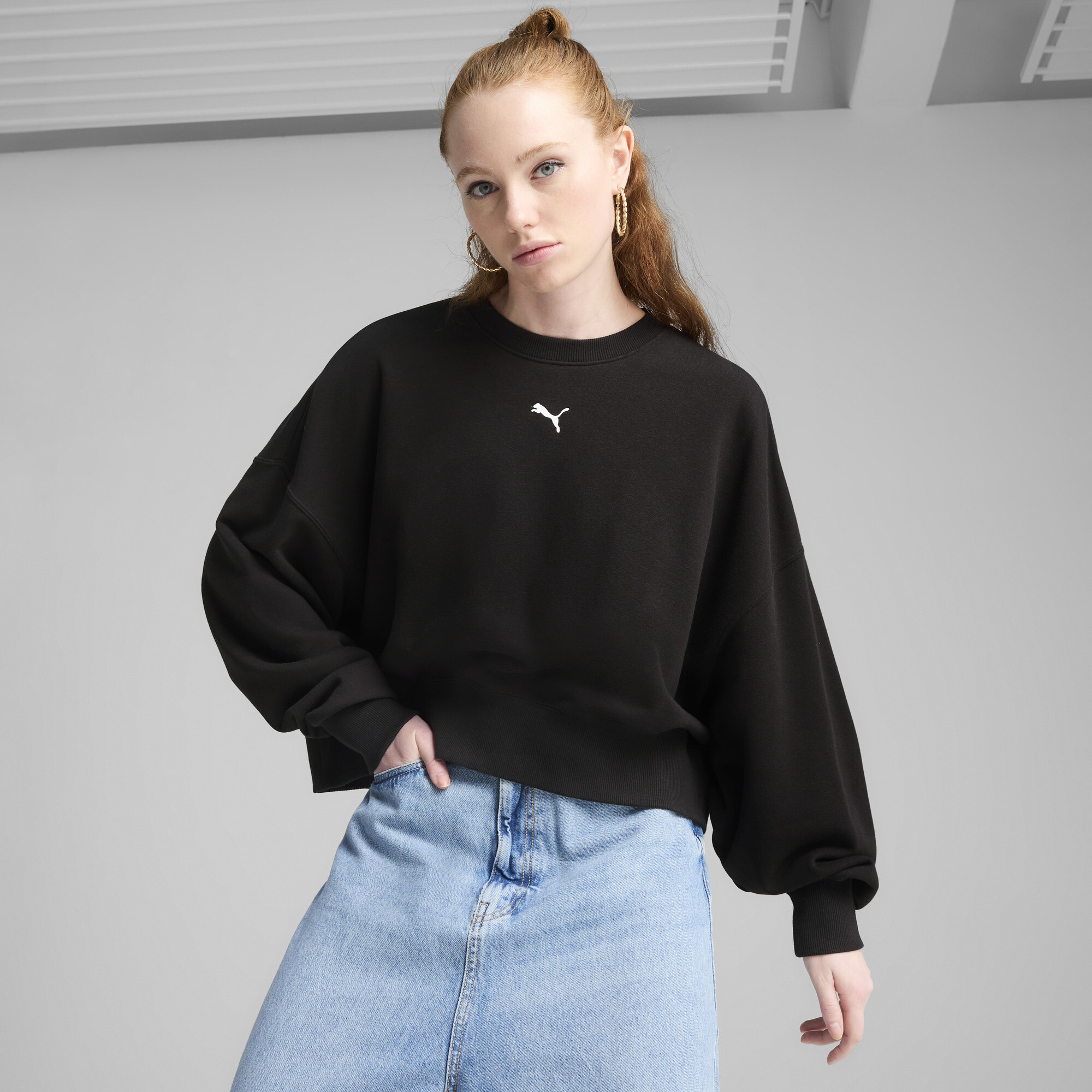 Puma WARDROBE ESS Oversized-Crewneck Damen | Mit Plain | Black | Größe: L