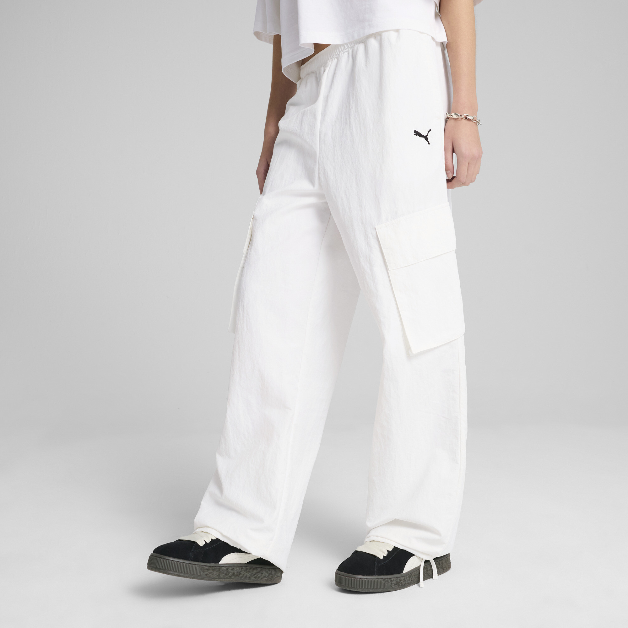 Puma WARDROBE ESS Cargohose in Relaxed Fit Damen | Mit Plain | White | Größe: L