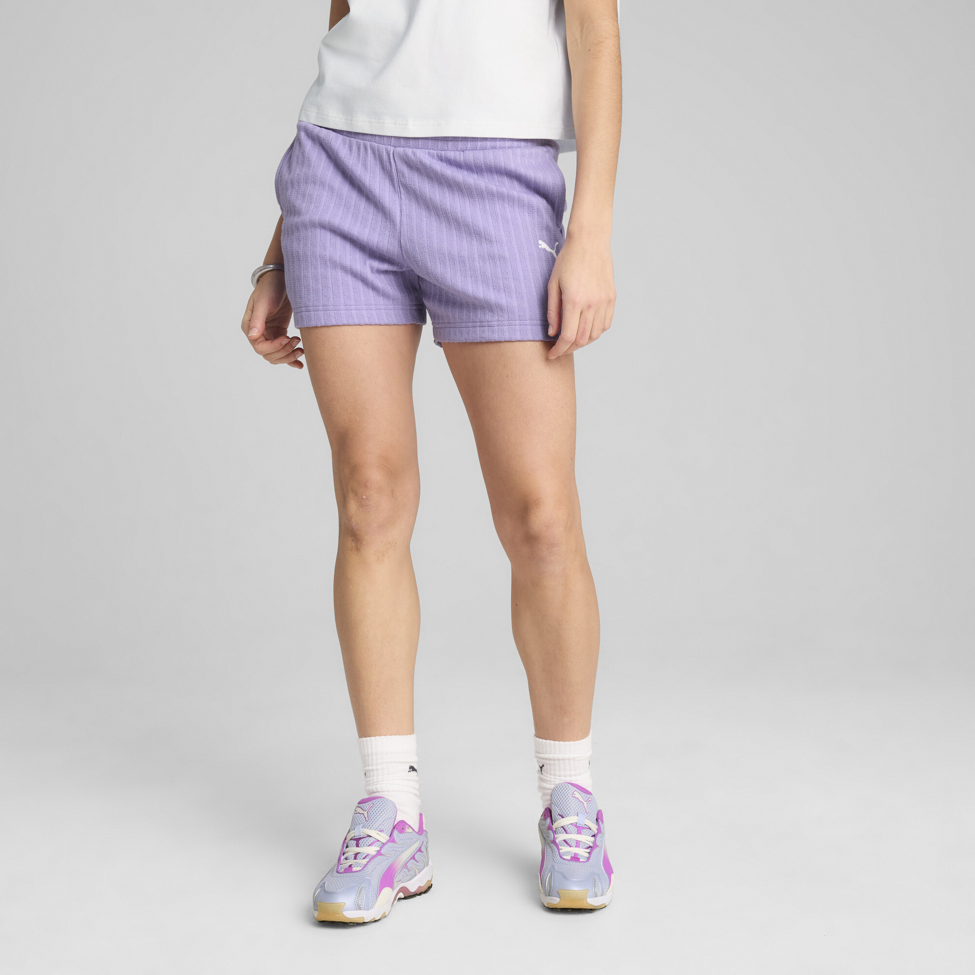 Puma Wardrobe Essentials Stripe Cotton Blend Shorts In Purple