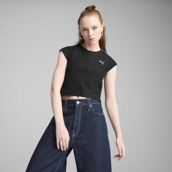 Remera corta Wardrobe Essentials Rib para mujer, PUMA Black, large-ARG