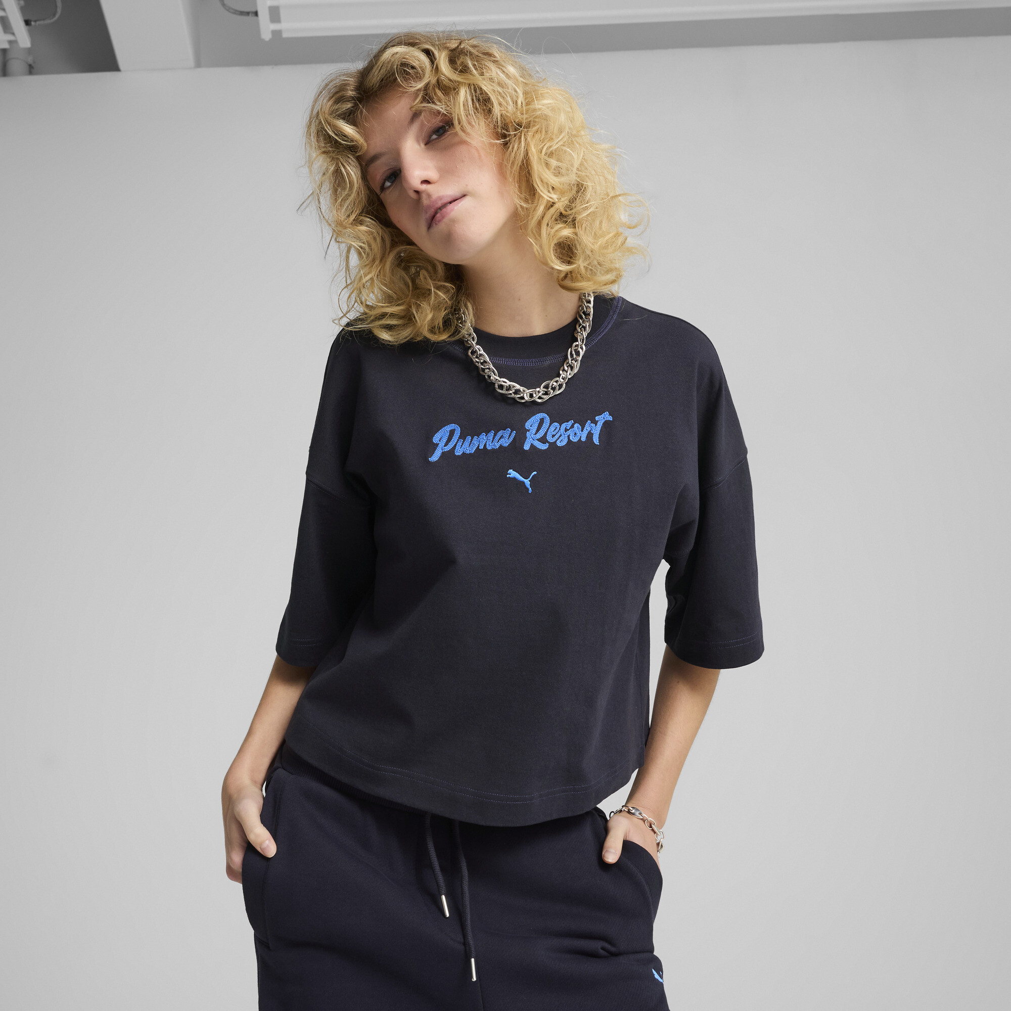 Puma PREMIUM ESS Oversized-T-Shirt mit Grafik Damen | Mit Plain | New Navy | Größe: XS