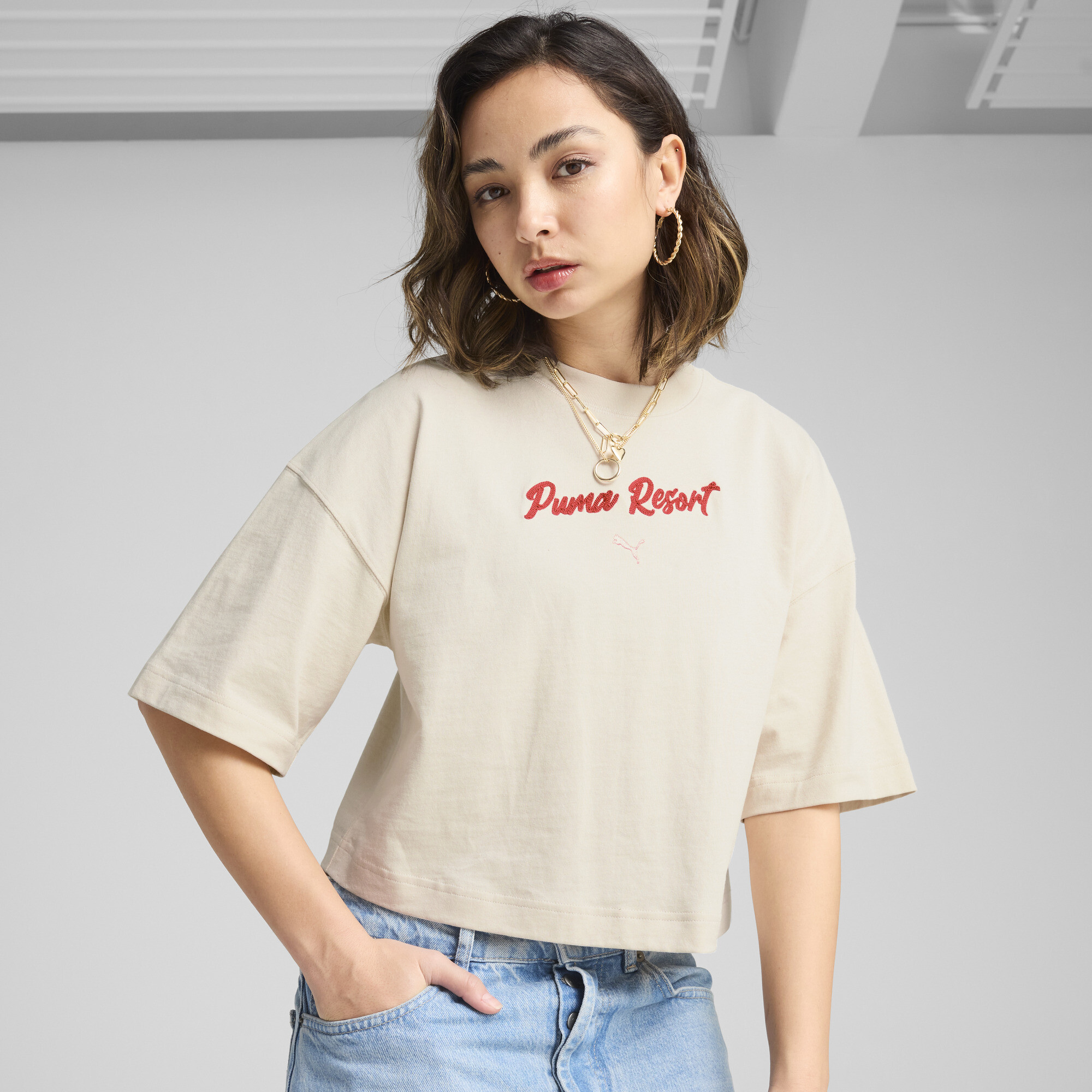 Puma PREMIUM ESS Oversized-T-Shirt mit Grafik Damen | Mit Plain | Alpine Snow | Größe: M