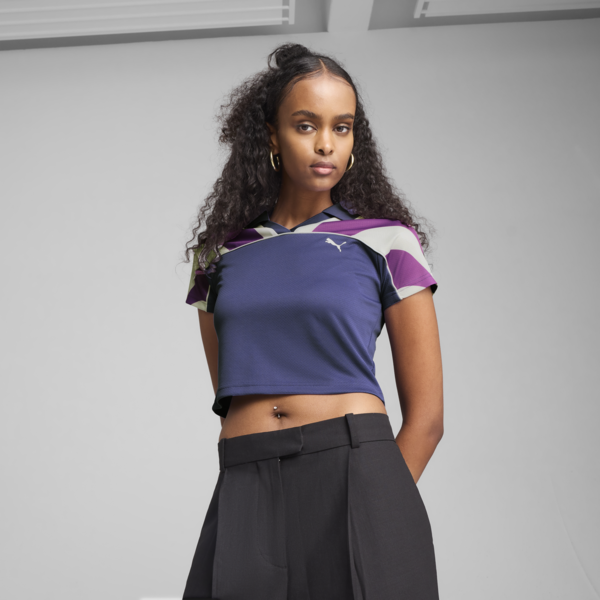 FUTURE.PUMA.ARCHIVE Football Jersey Baby Tee Women, Blue Crystal-Wild Berry, large-MEX