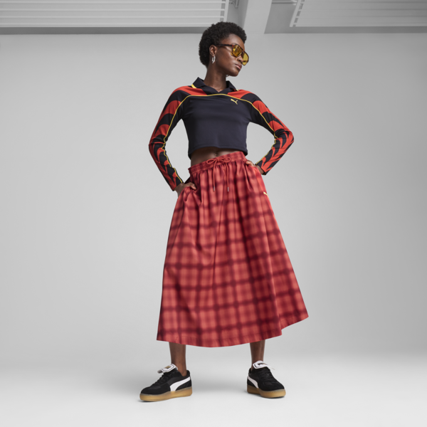 Road To Unity Woven Midi Printed Pleated Skirt Women, Red Fire, large-MEX