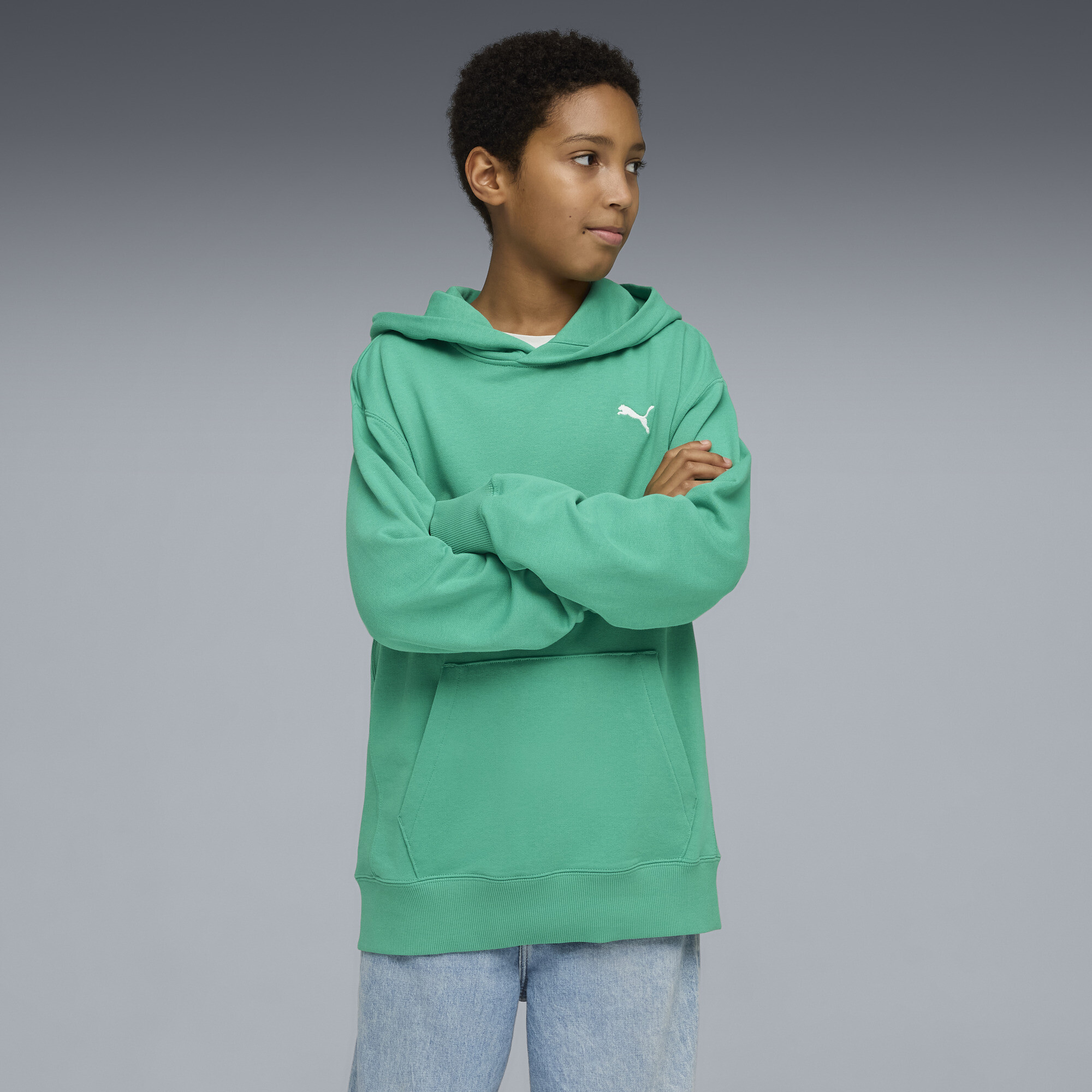 PUMA Wardrobe Essentials Big Kids' Relaxed Hoodie in Green, Size XL