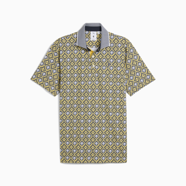 PUMA x PALM TREE CREW Tile Golf Polo Men, Red Fire-Sunny Yellow, large-ZAF