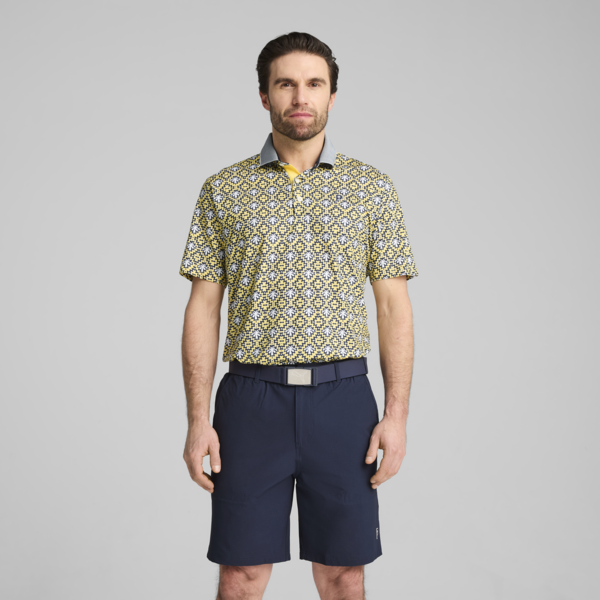 PUMA x PALM TREE CREW Tile Golf Polo Men, Red Fire-Sunny Yellow, large-ZAF