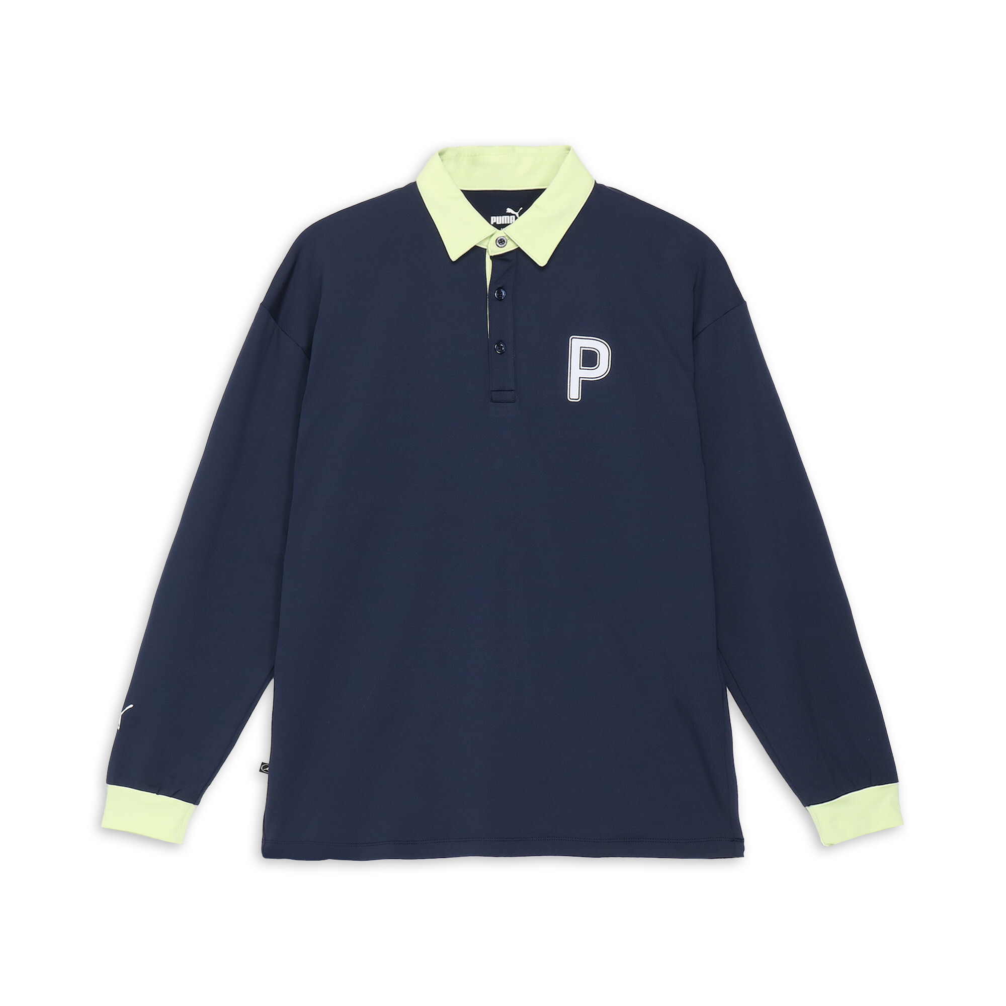 商品情報PUMA GOLFコレクションより、襟と袖口のカラーがデザインのアクセントになったゴルフ用の長袖ポロシャツです。左胸には「Ｐ」ロゴを配置しています。独自の吸水速乾機能dryCELLテクノロジー