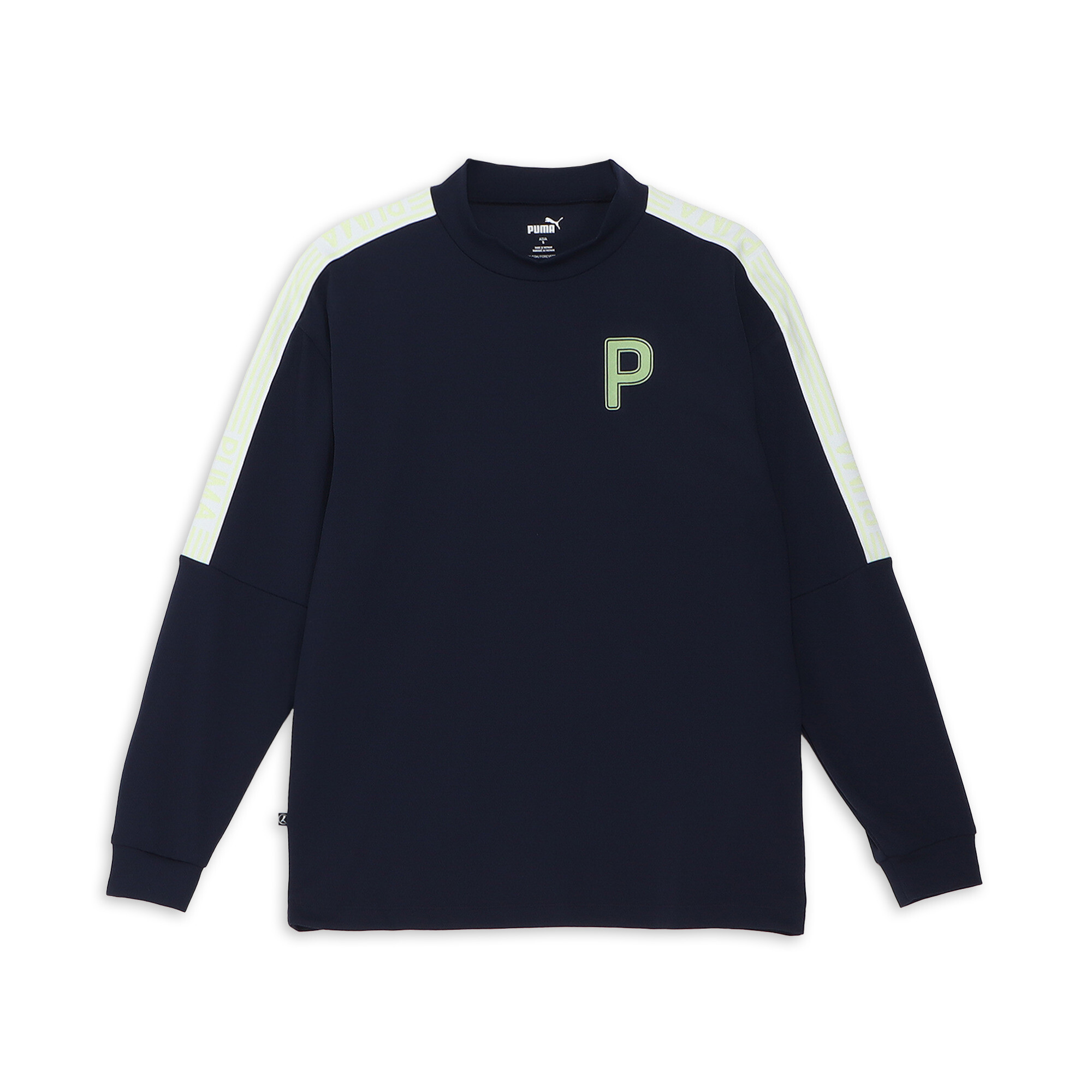 商品情報袖のラインが特徴的なモックネックシャツ。胸元に「P」のロゴ、袖にPUMAの文字が入ったテープ、裾にサークルキャットを配置したプーマらしい一着です。[素材]本体ポリエステル100％、テープ部分ポ