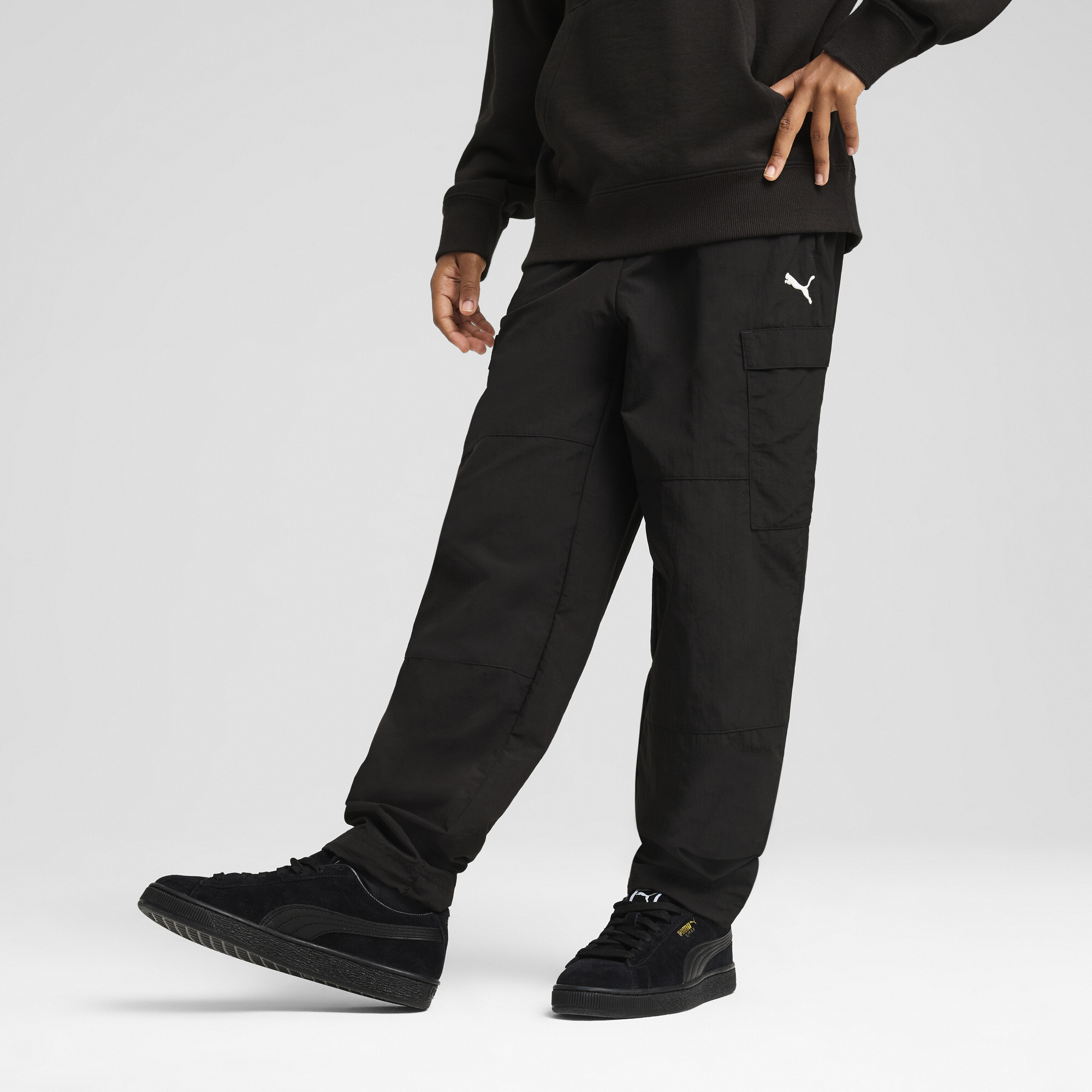 Puma Wardrobe Essentials Big Kids' Relaxed Woven Cargo Pants In Black