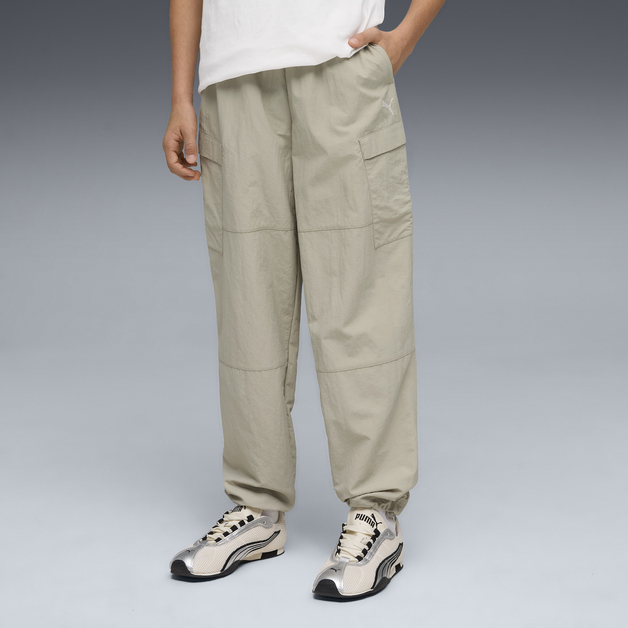 PUMA Wardrobe Essentials Big Kids' Relaxed Cargo Pants in Beige, Size M