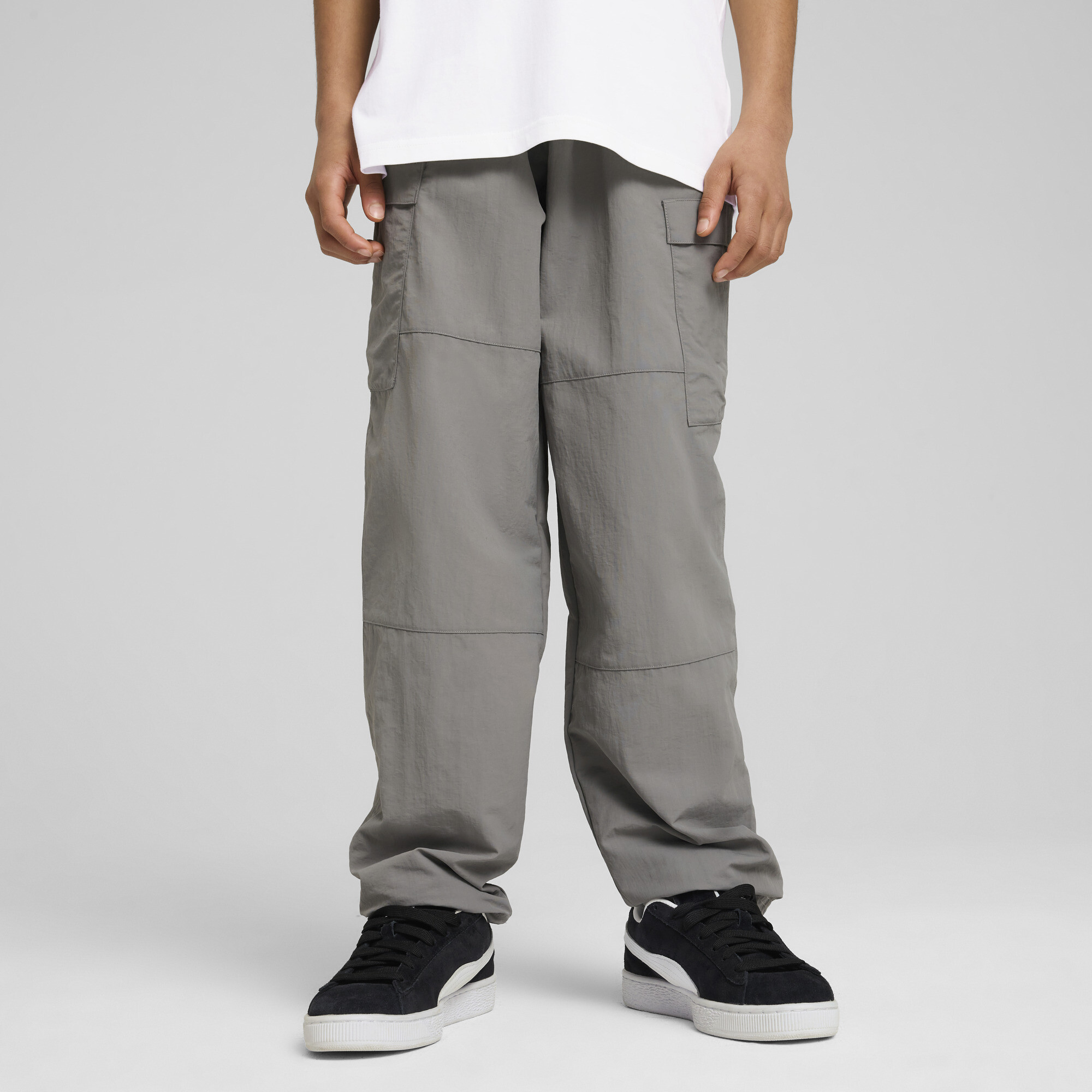 Puma Wardrobe Essentials Big Kids' Relaxed Woven Cargo Pants In Gray