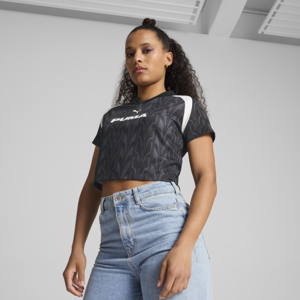 Playera de fútbol estilo baby tee para mujer, PUMA Black, large-MEX
