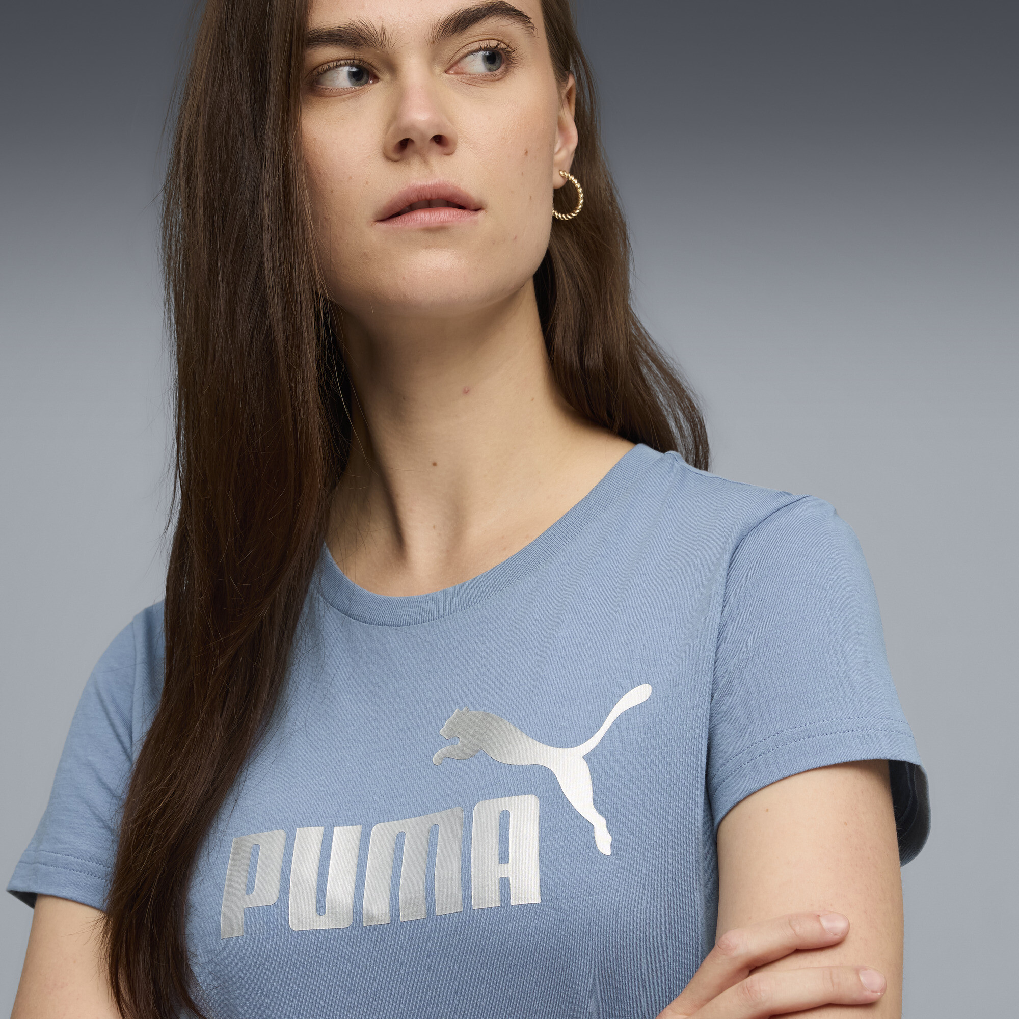 PUMA ESS Metallic No. 1 Logo T-shirt voor Dames, Blauw/Zilver, Maat L thumbnail 7
