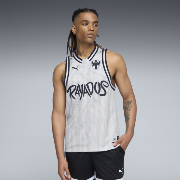Camiseta de básquetbol PUMA HOOPS x CF MONTERREY para hombre, Feather Gray-PUMA White-AOP, large-MEX