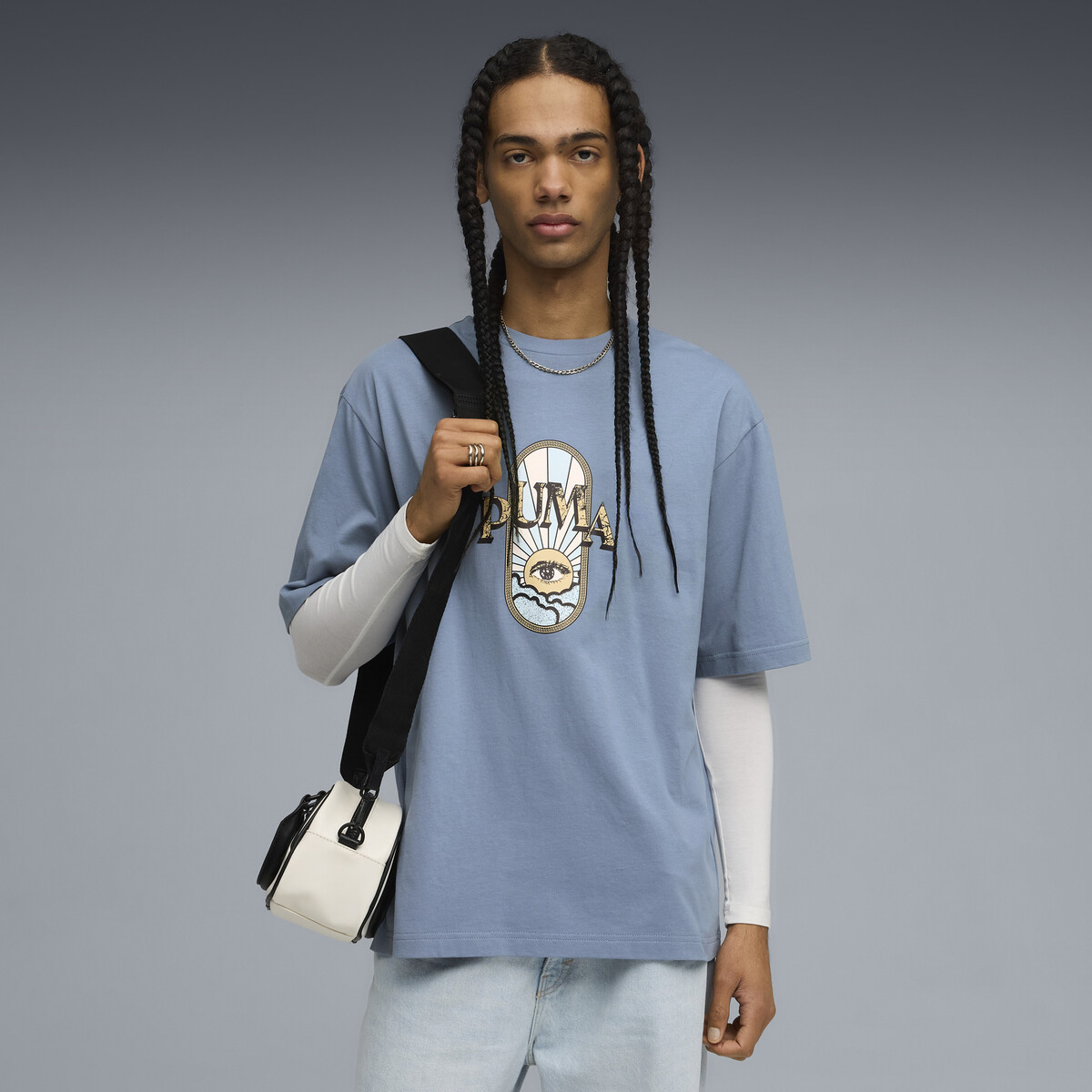Graphic PUMA Fest Boxy T-Shirt Men in Cool Blue, Medium