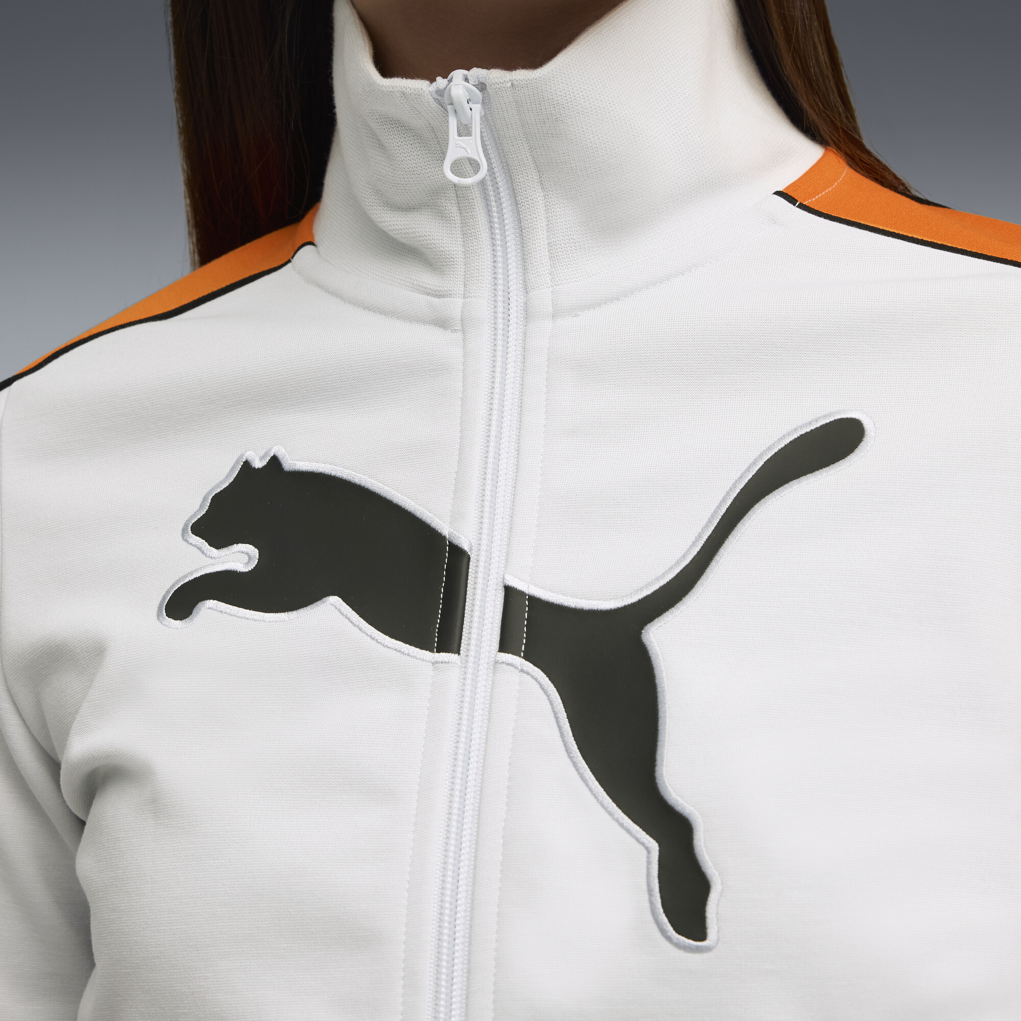 FUTURE.PUMA.ARCHIVE T7 slim cropped trainingsjack voor Dames, Oranje/Zilver, Maat L thumbnail 4