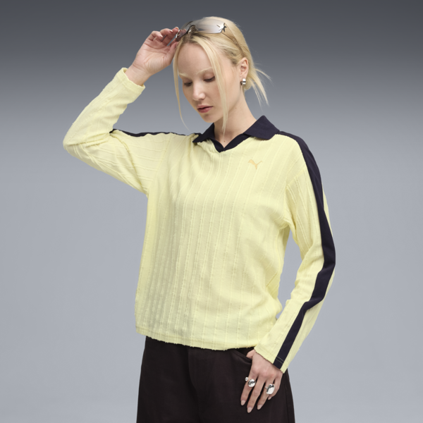 T7 Relaxed Long Sleeve Polo Women, Gold Moon, large-ZAF