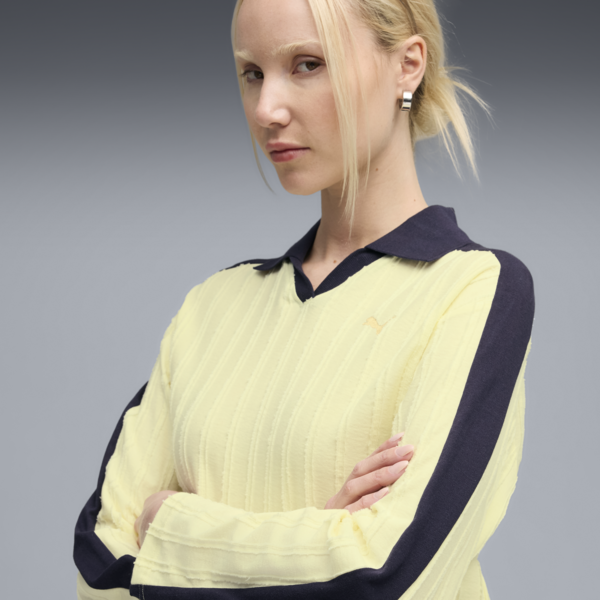 T7 Relaxed Long Sleeve Polo Women, Gold Moon, large-ZAF