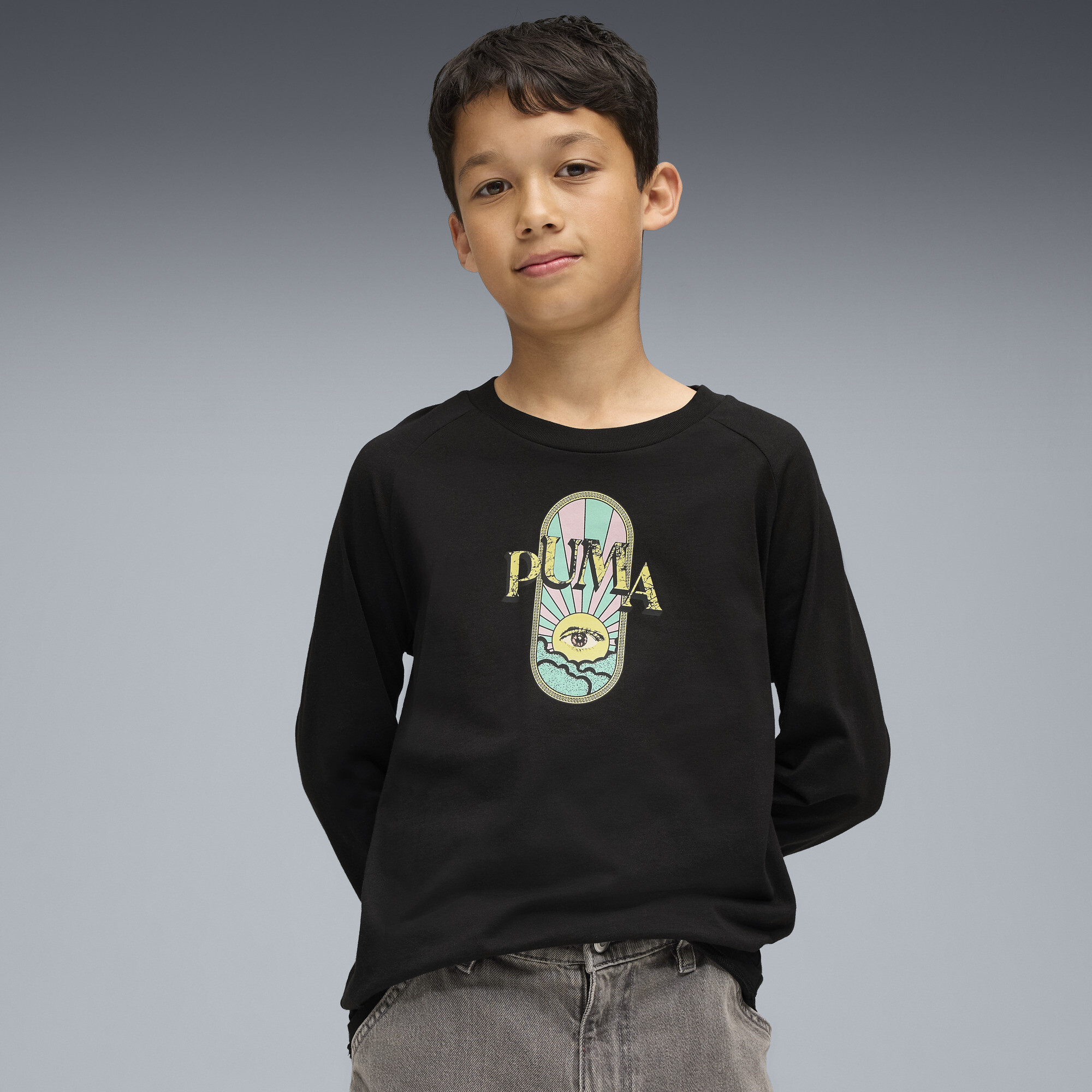 Puma Graphic Acid Cat Langarm-Shirt Teenager Für Herren Für Damen Für Kinder | Mit Print | Black | Größe: 11-12Y