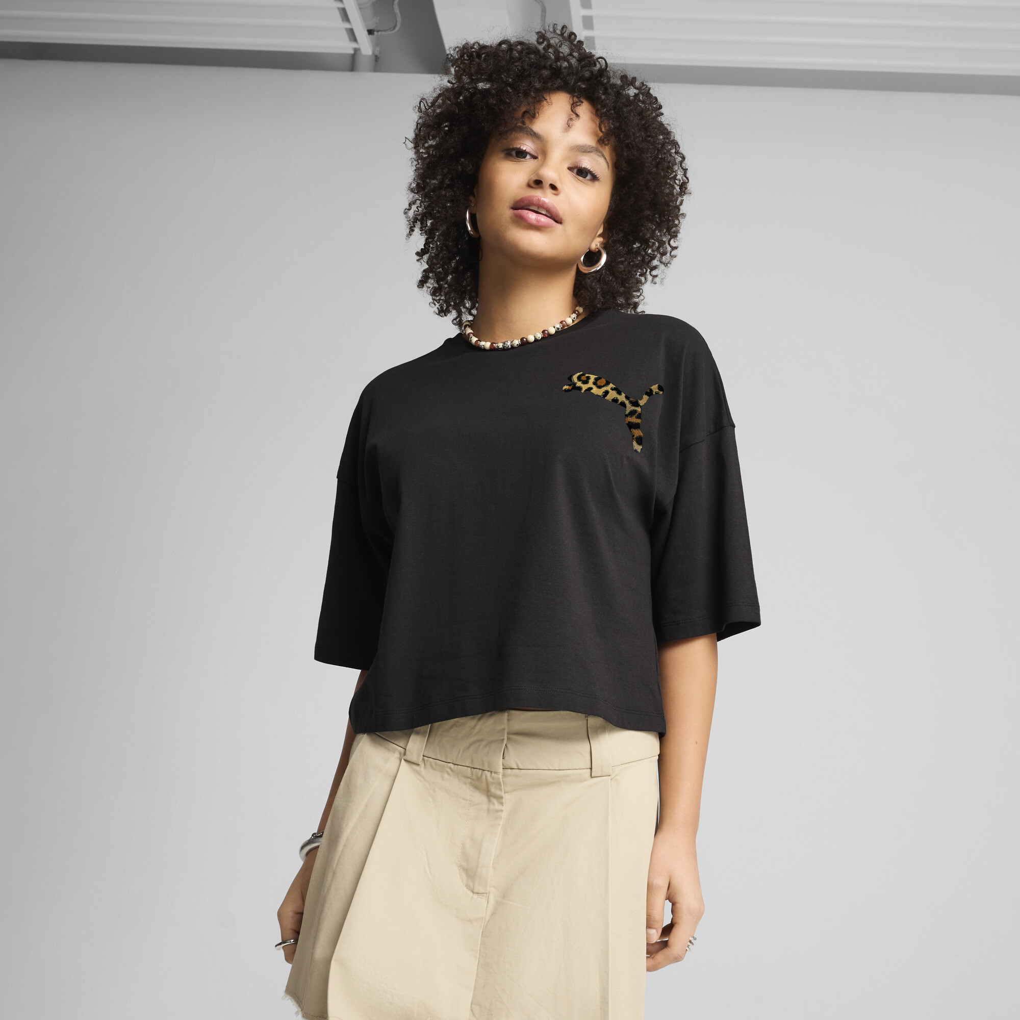 Puma LEO LUXE Oversized Kurzes T-Shirt Damen | Mit Animal Print | Black | Größe: L