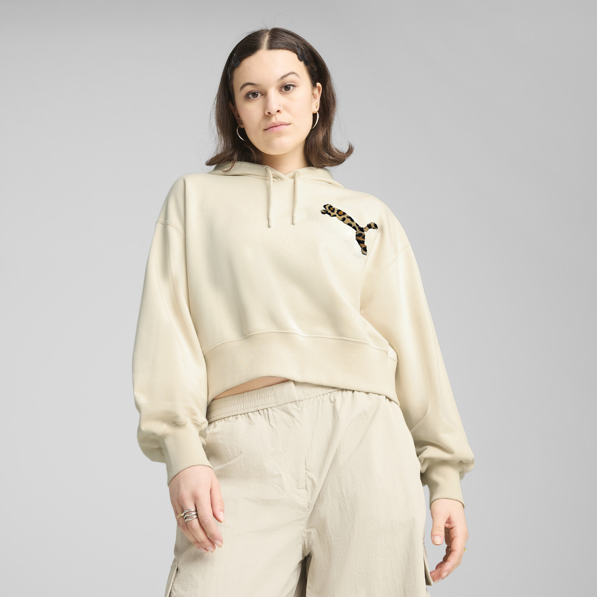 Puma LEO LUXE Relaxed Cropped Hoodie Damen | Mit Animal Print | Alpine Snow | Größe: S