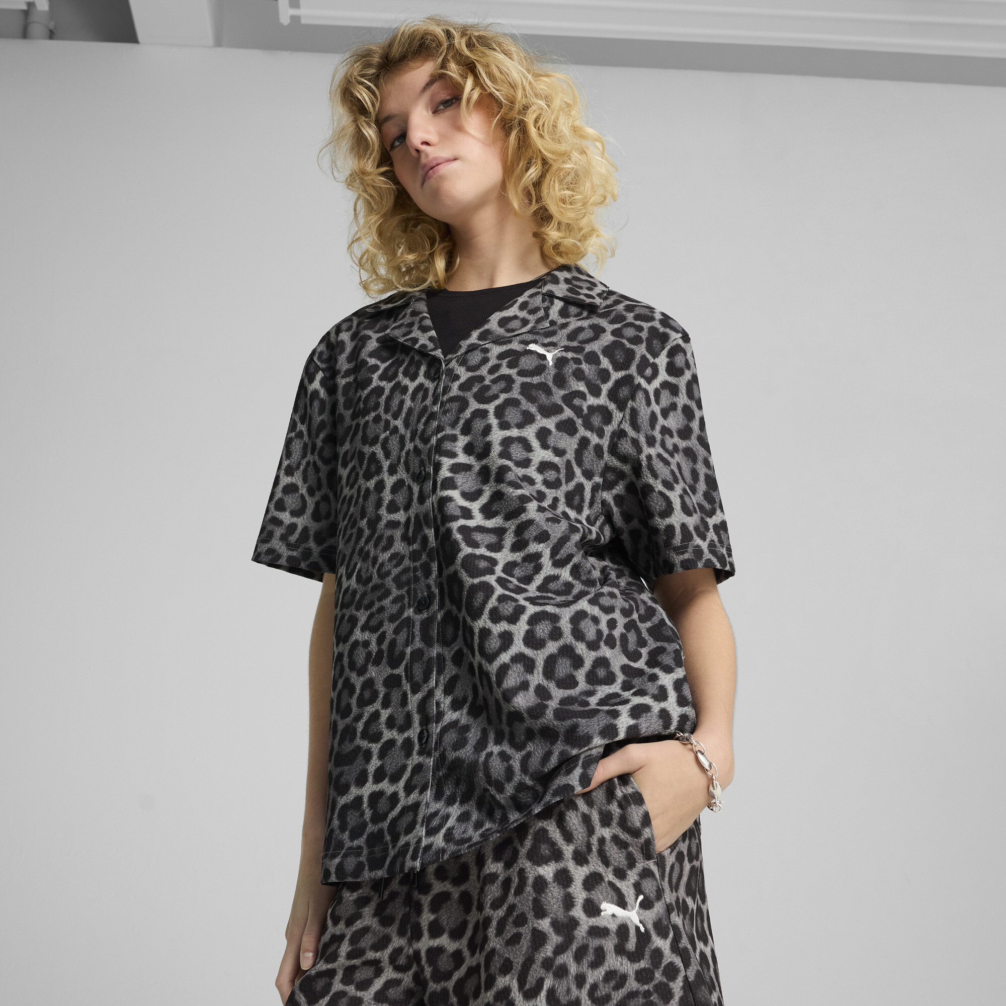 Puma Leo Luxe Women's Relaxed All-over Print Woven Shirt In Black