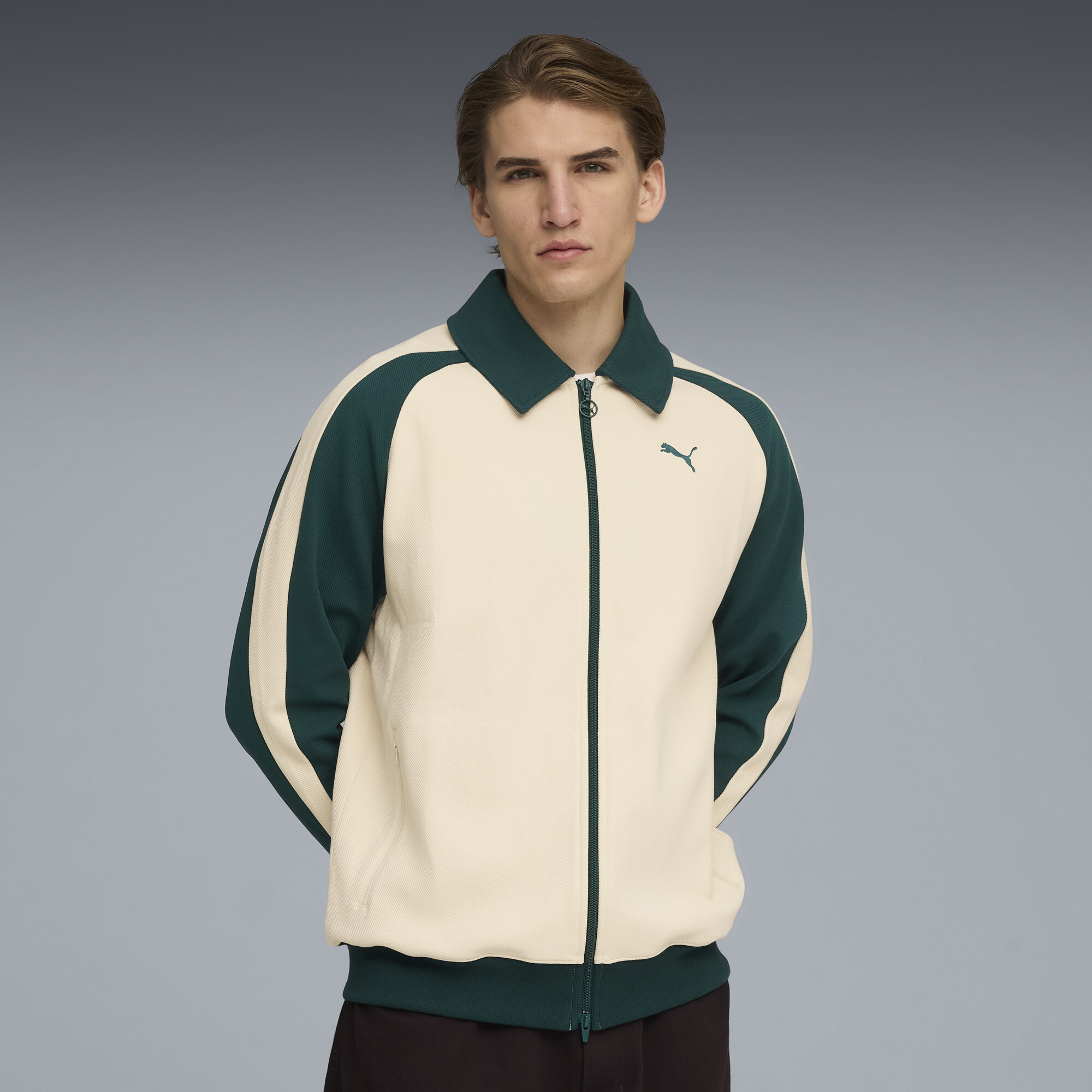 Puma T7 Relaxed Wing Collar Trainingsjacke Unisex | Mit Color Blocking | Alpine Snow/Green Terrain | Größe: M