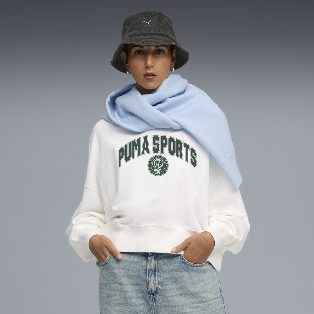 Wardrobe Essentials Sports Legacy Oversized Graphic Crew Sweatshirt Women in White by PUMA, XS