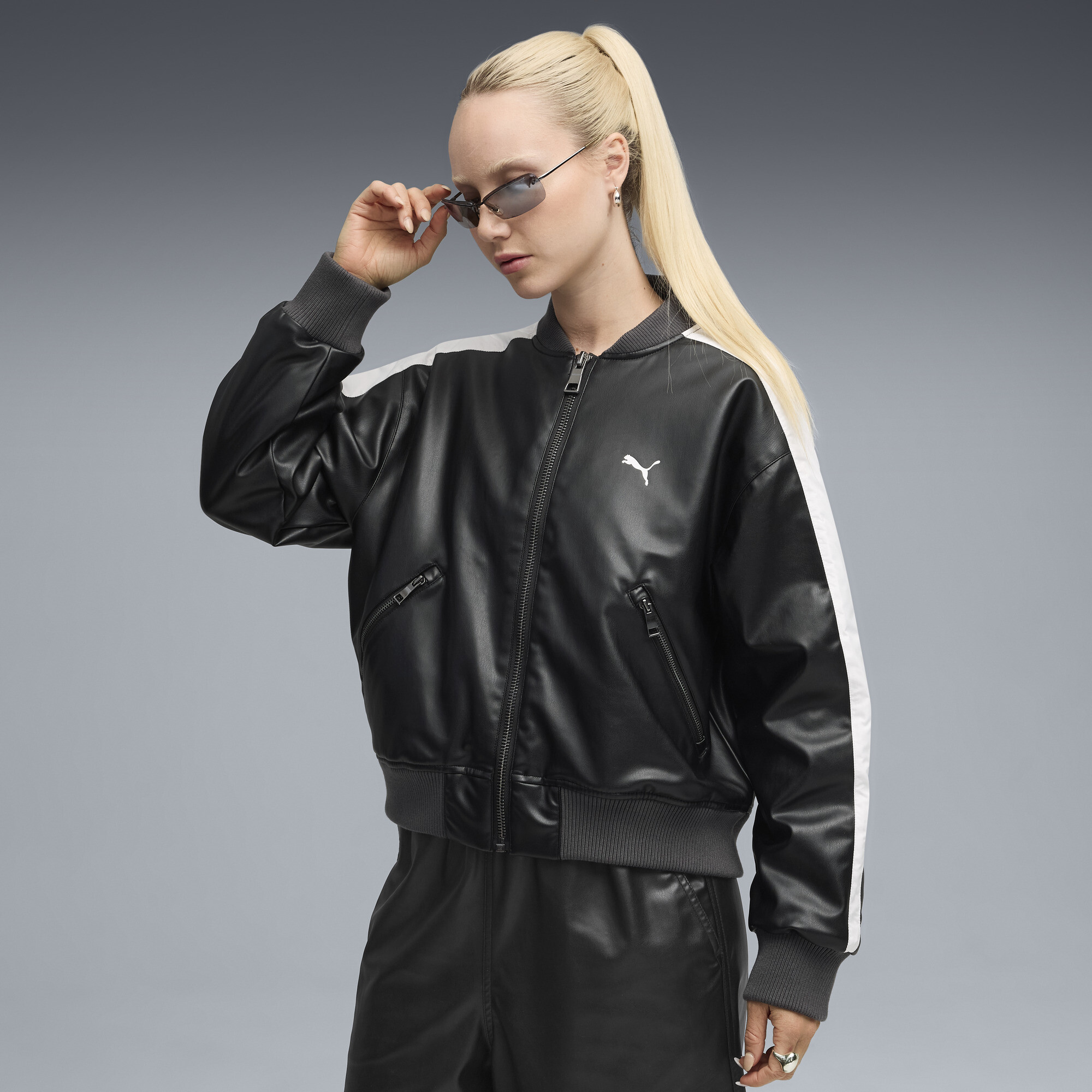 PUMA T7 Women's Pleather Bomber Jacket in Black, Size M