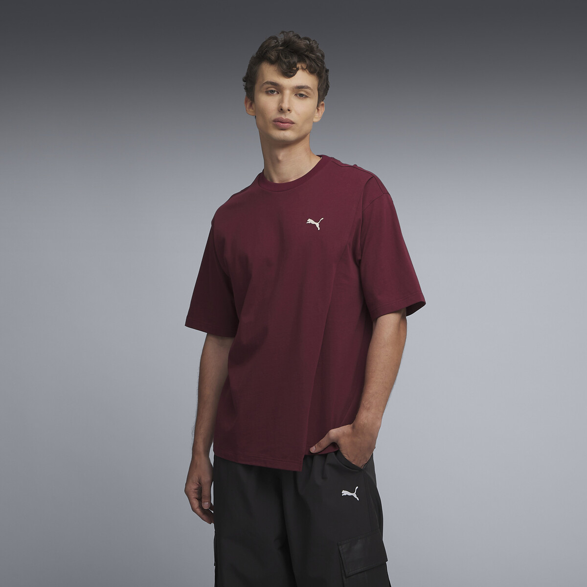 Premium Essentials Layered Boxy T-Shirt Men in Ruby Shimmer by PUMA, Large