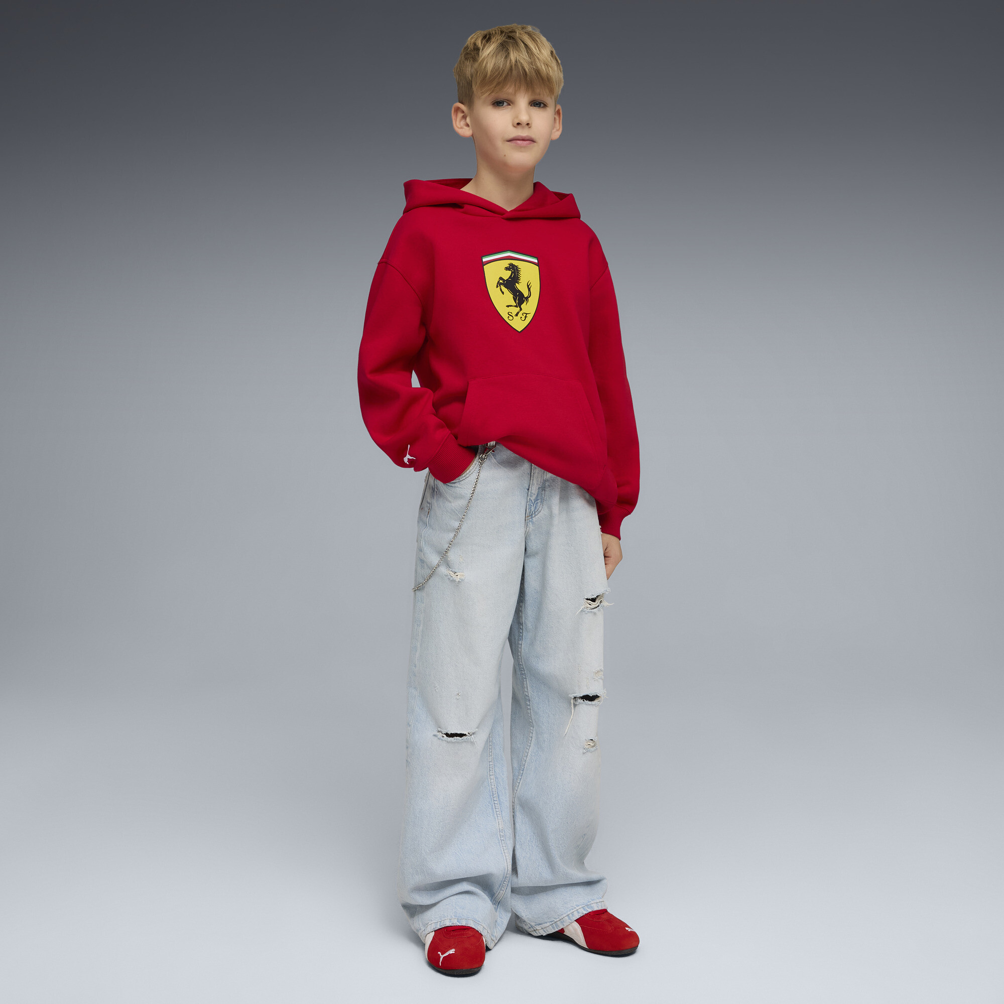 PUMA Scuderia Ferrari hoodie met gekleurd schild, Rood, Maat 5-6Y thumbnail 3