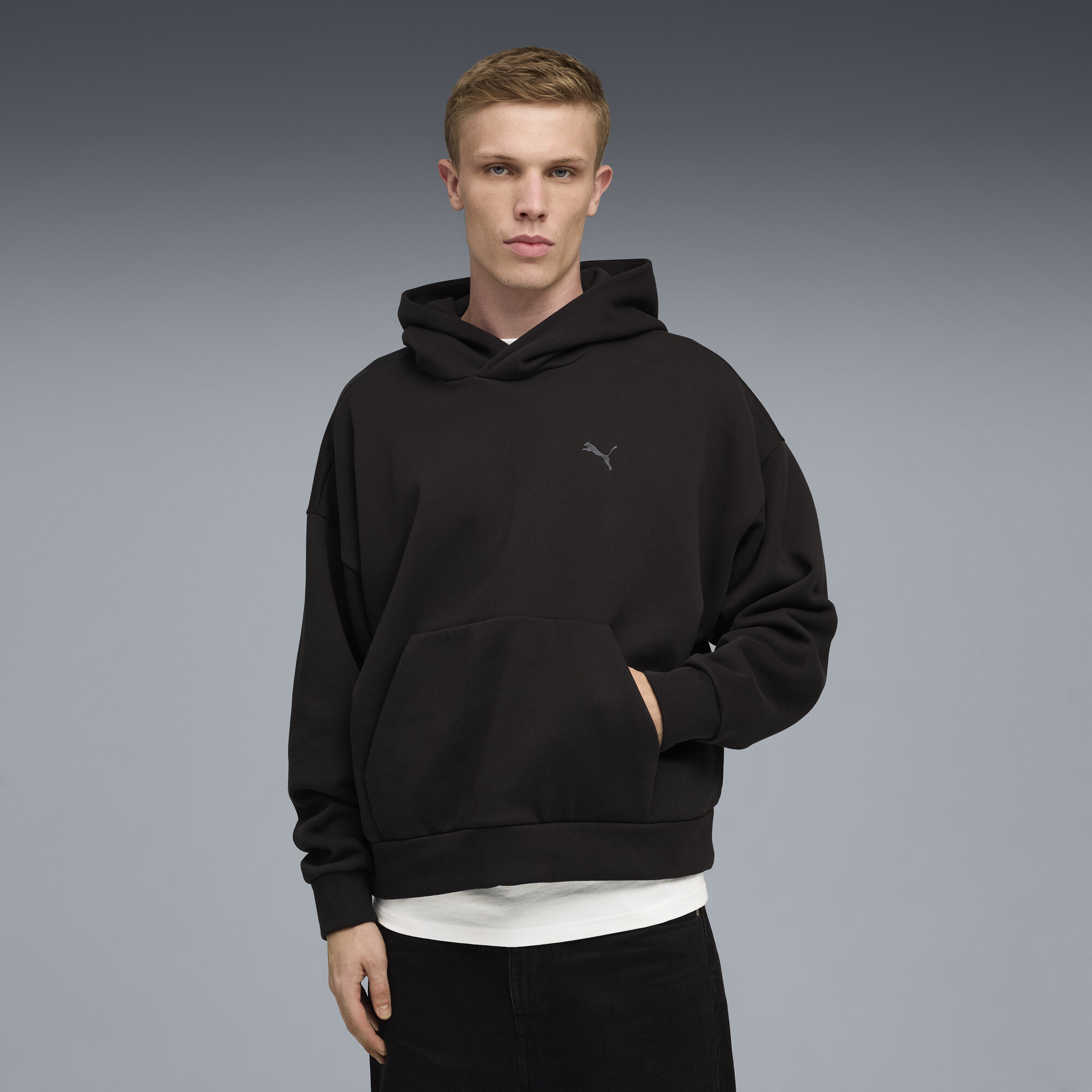 PUMA Wardrobe Essentials boxy fleece hoodie voor Heren, Zwart, Maat XS