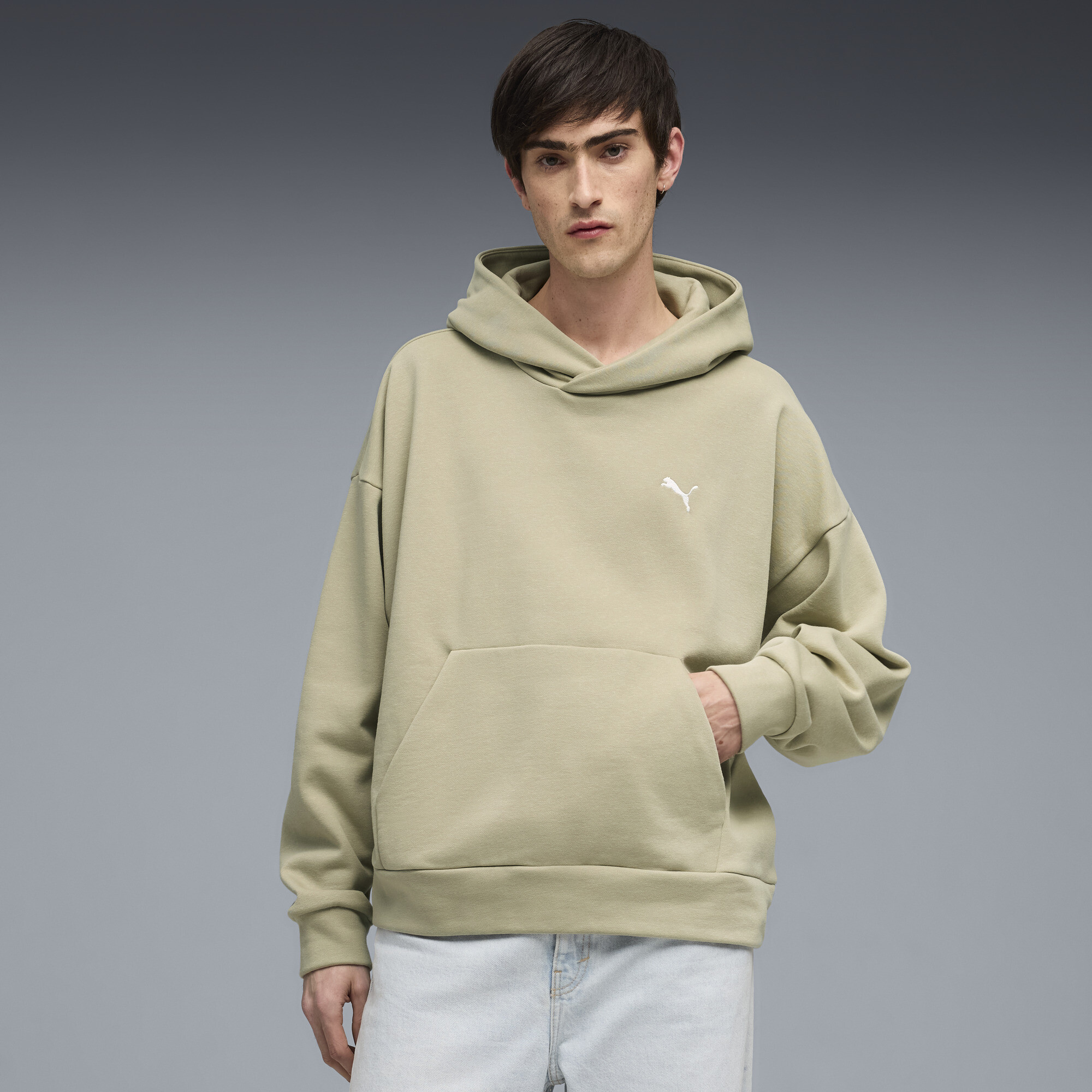 PUMA Wardrobe Essentials boxy fleece hoodie voor Heren, Beige/Grijs, Maat M